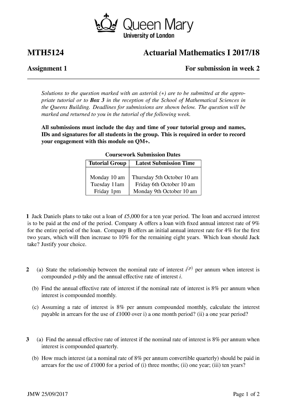 Assignment 1 - Questions - MTH5124 Actuarial Mathematics I 2017/18 ...