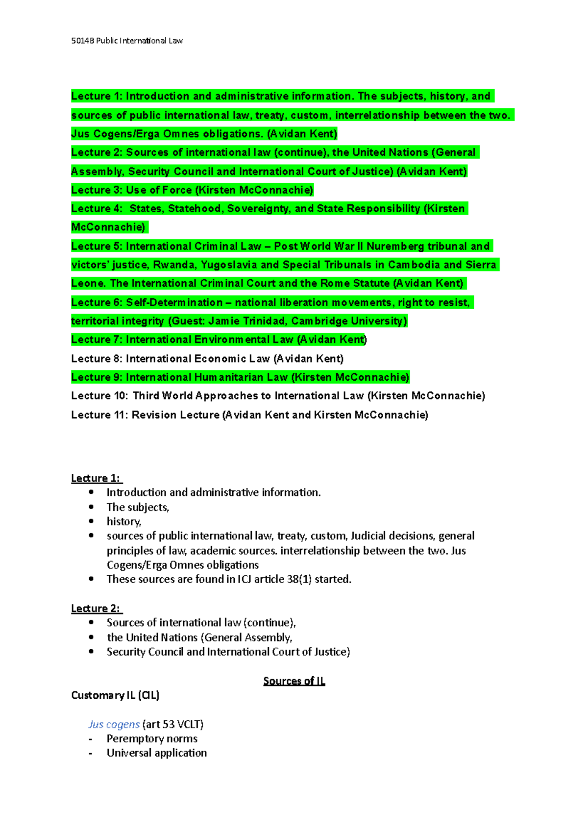 Public International Law Complete Lecture Notes - Lecture 1 ...