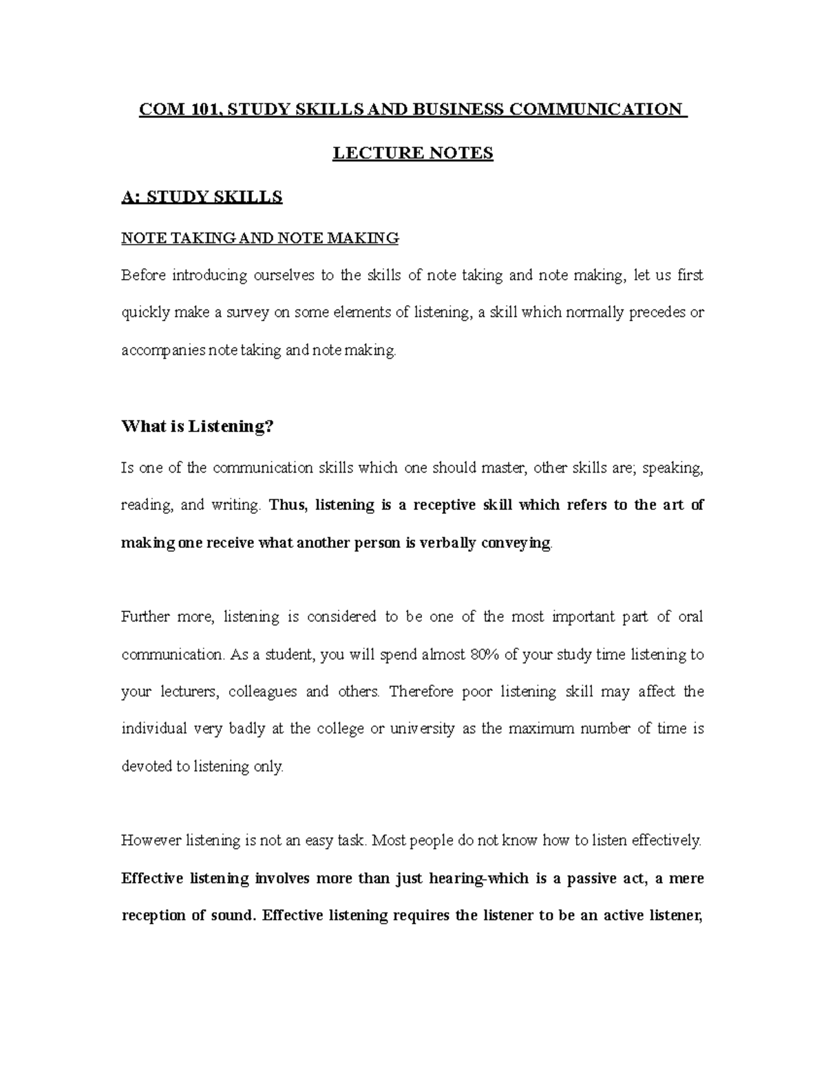 439620950 Com 101 Lecture Notes - COM 101, STUDY SKILLS AND BUSINESS ...