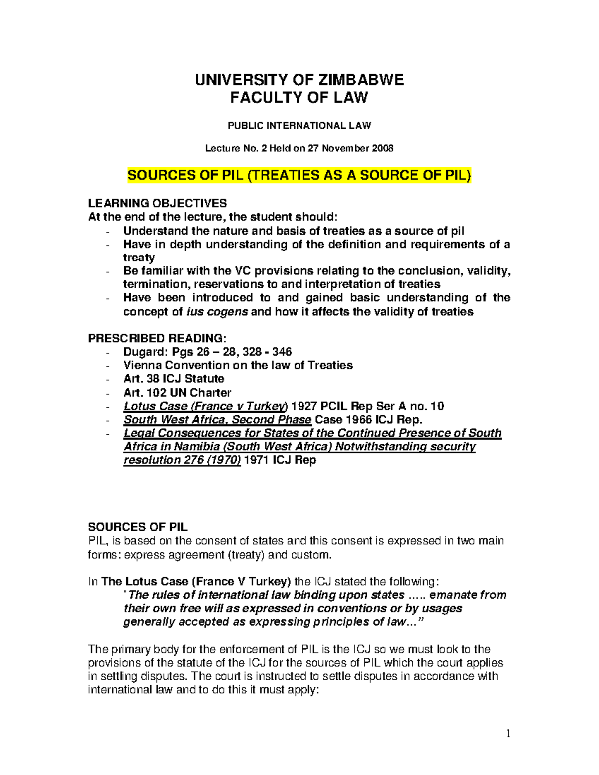 Lecture 2 - Sources OF PIL ( Treaties AS A Source OF PIL) - UNIVERSITY ...