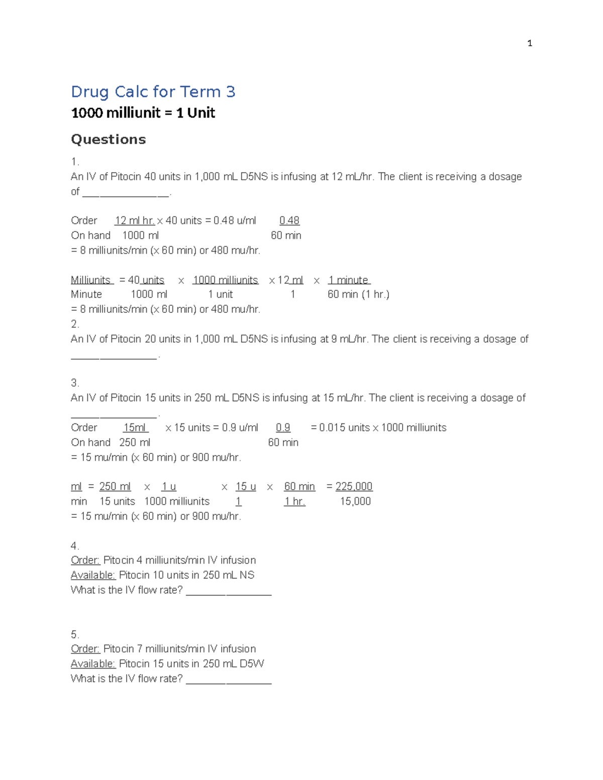 Drug Calc for Term 3 with Answer Key - Drug Calc for Term 3 1000 ...