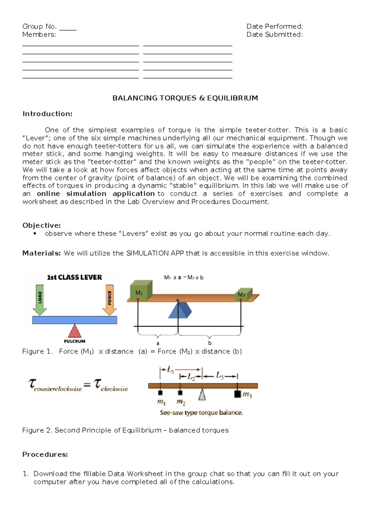 Balancing-Torques-and-Equilibrium-Lab - Group No. _____ Date Performed ...