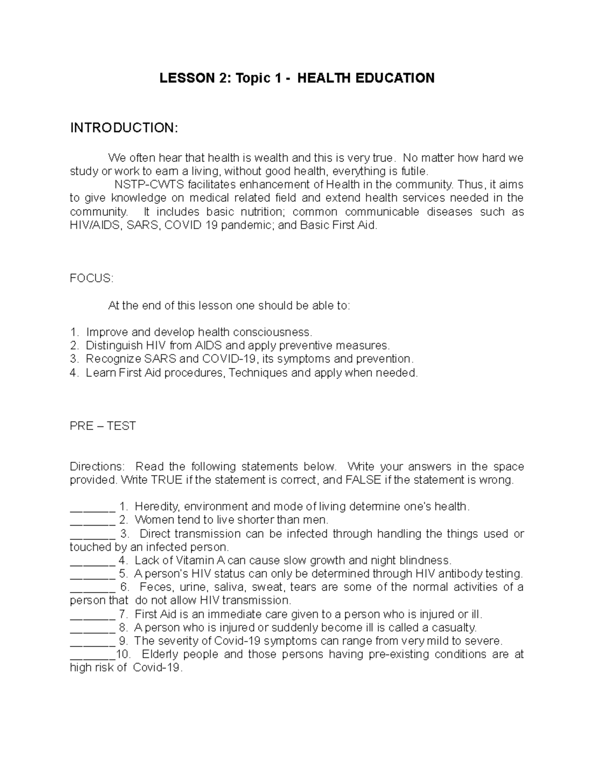 Lesson 2 NSTP - for student - LESSON 2: Topic 1 - HEALTH EDUCATION ...