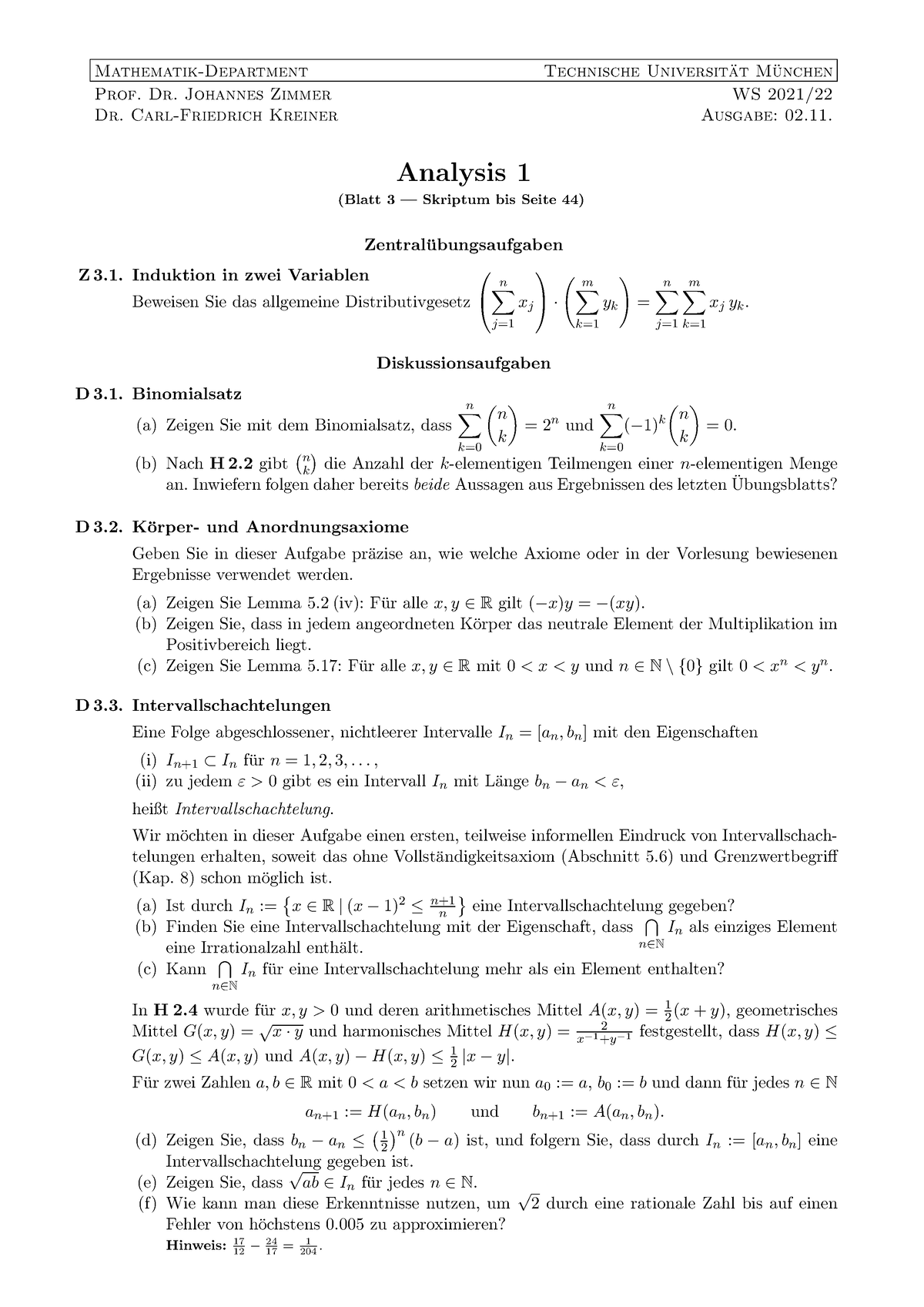 Anal Blatt 3 - Wintersemester, Johannes Zimmer, Carl-Friedrich Kreiner ...