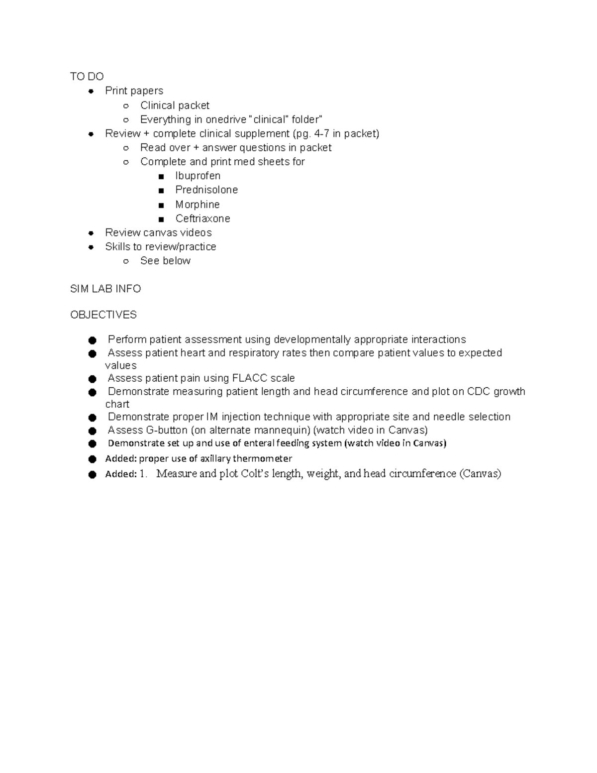 Peds Sim Checklist To Do List - TO DO Print papers Clinical packet ...