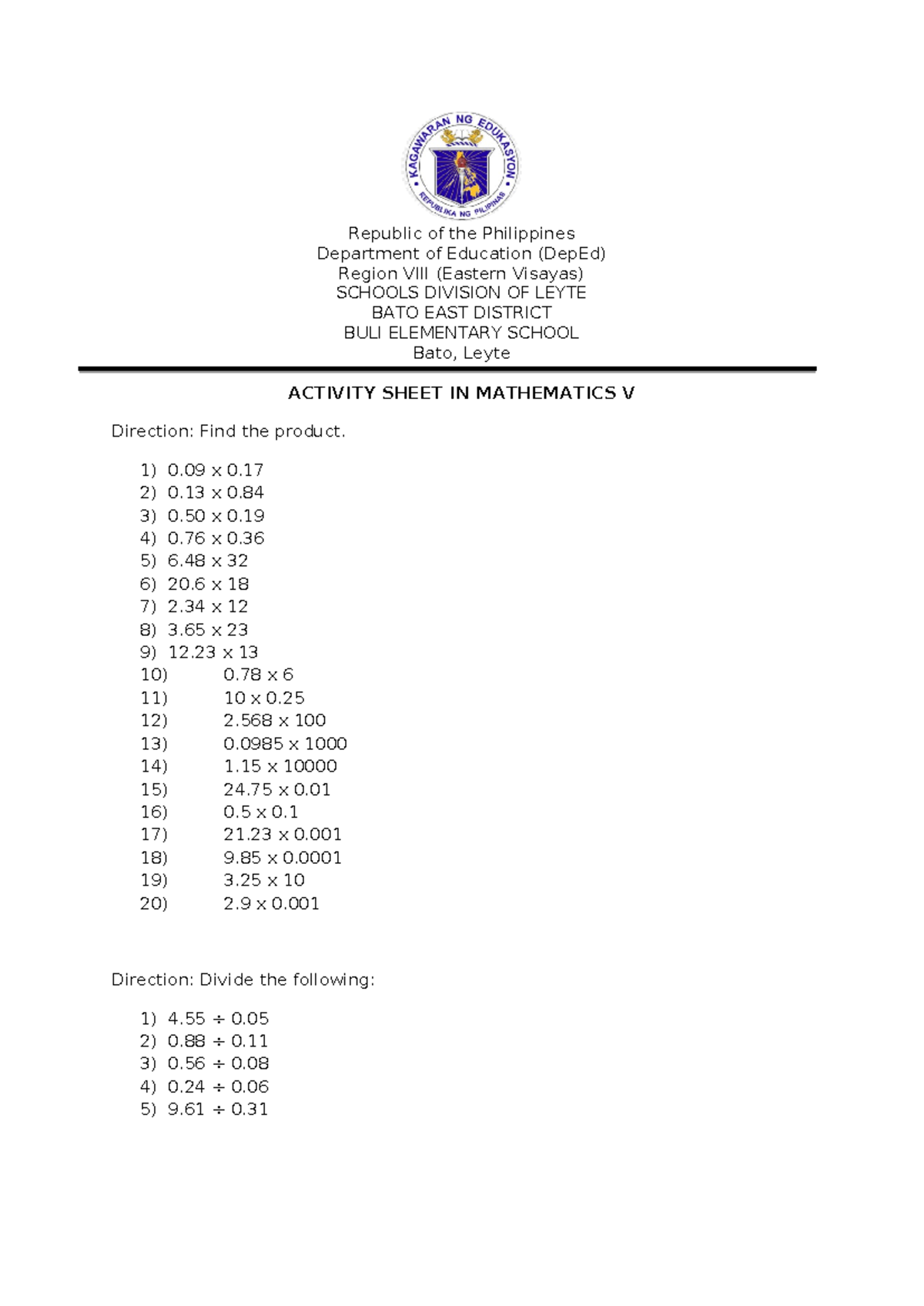 Math quiz 5 - Republic of the Philippines Department of Education ...