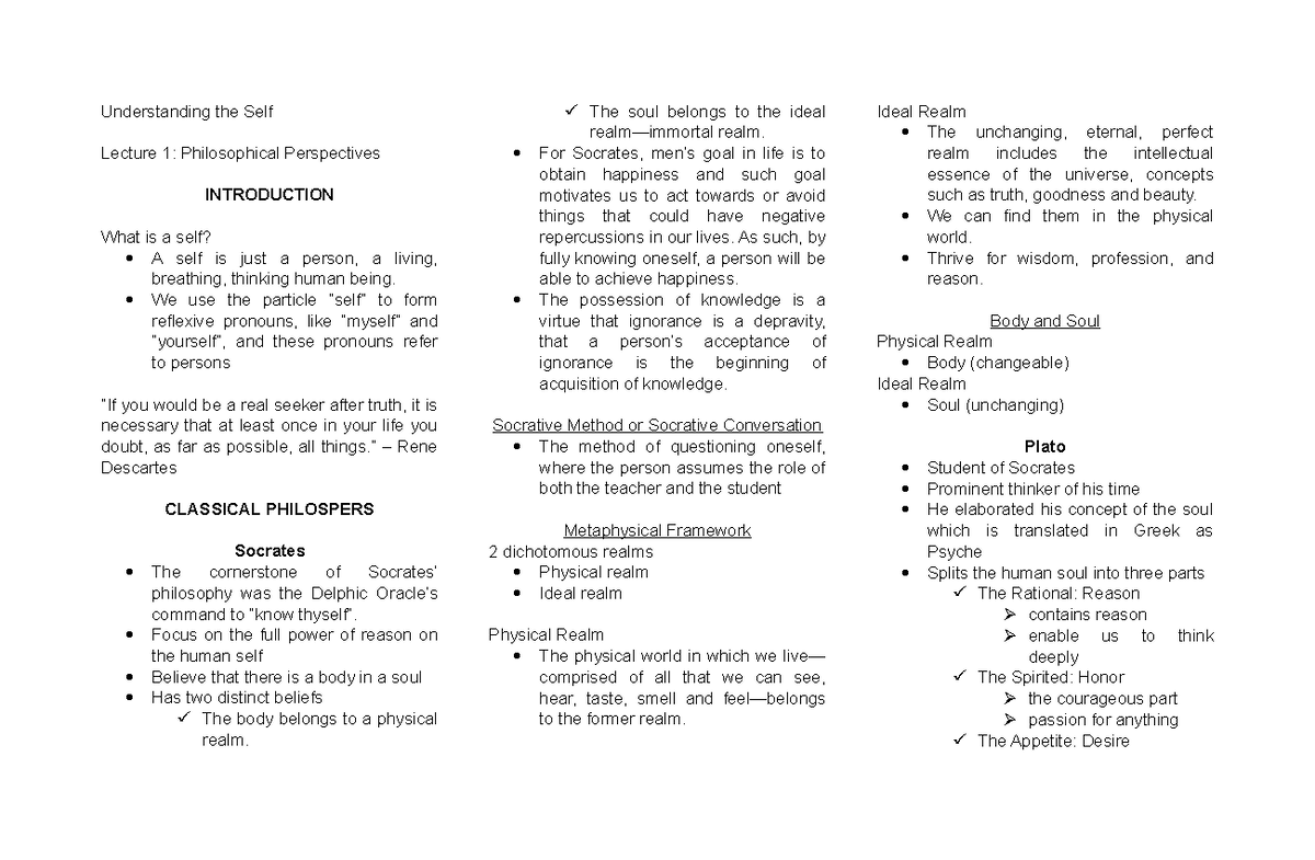 Lecture 1 Notes - Understanding the self - Understanding the Self ...