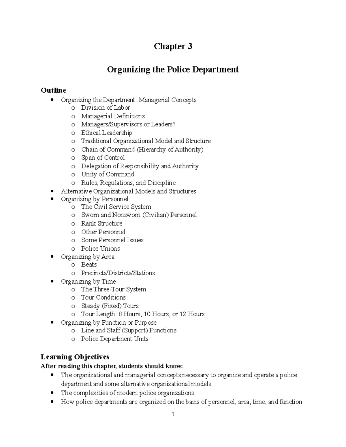 Chapter 3 Notes - Chapter 3 Organizing the Police Department Outline ...