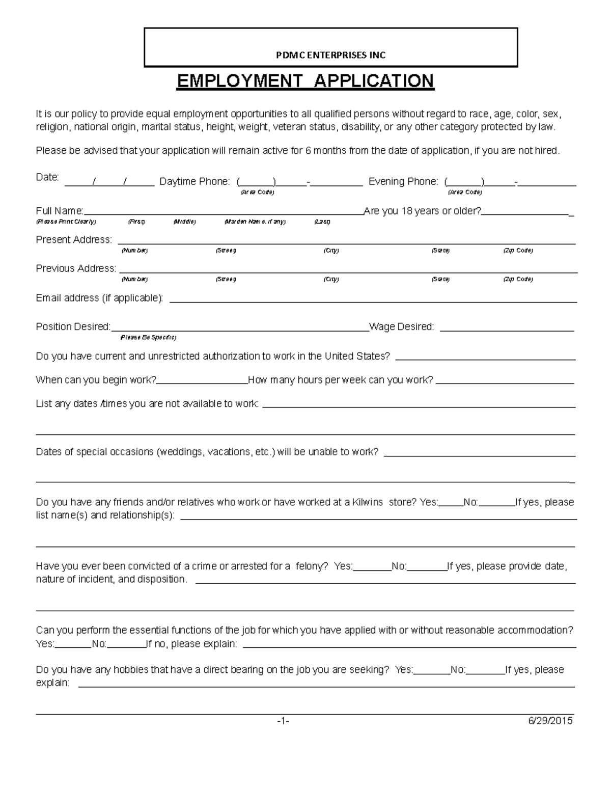 Ridgewood Application 2 - PDMC ENTERPRISES INC EMPLOYMENT APPLICATION ...