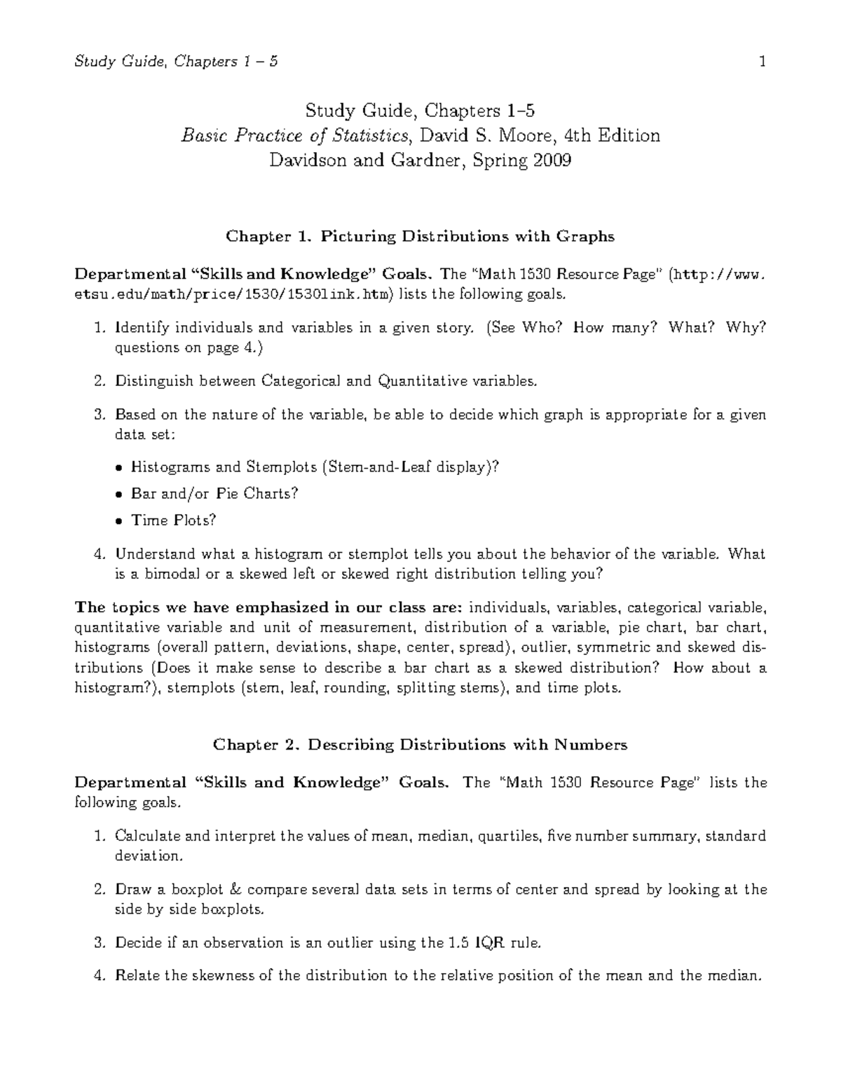 Study Guide 1 5 - Stats introductory class - Study Guide, Chapters 1 ...
