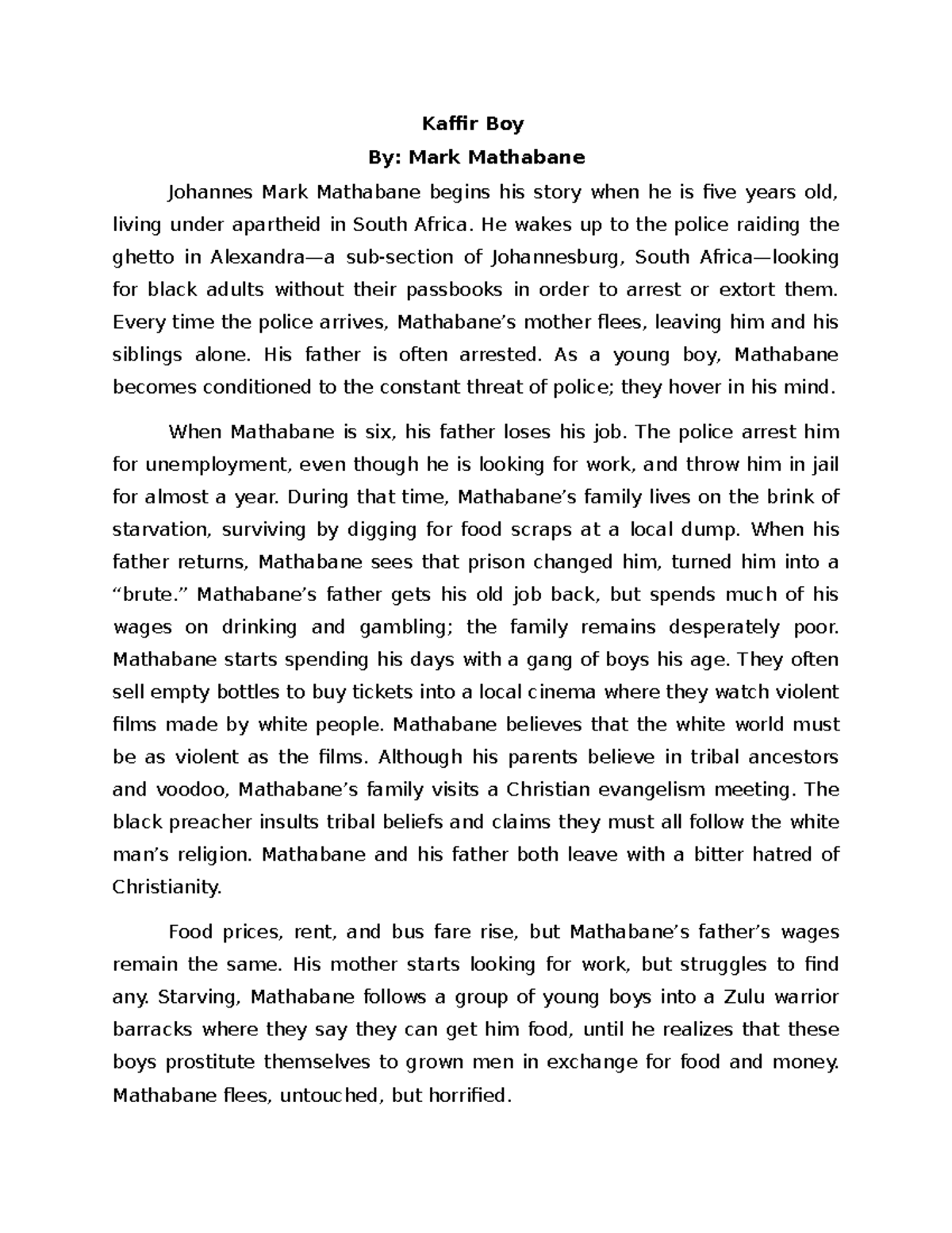 Kaffir Boy Summary Kaffir Boy By Mark Mathabane Johannes Mark