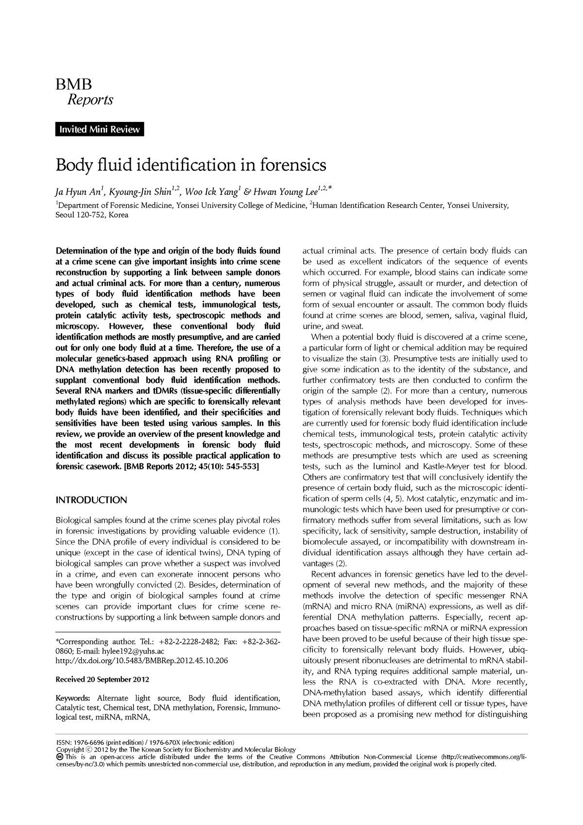 Body fluid identification in forensics - BMB Reports *Corresponding ...