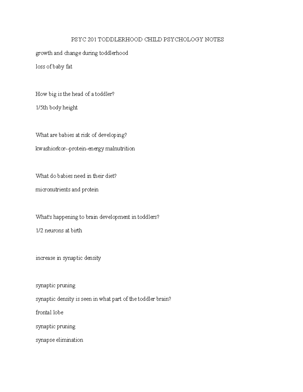 PSYC 201 Toddlerhood Child Psychology Notes - PSYC 201 TODDLERHOOD ...