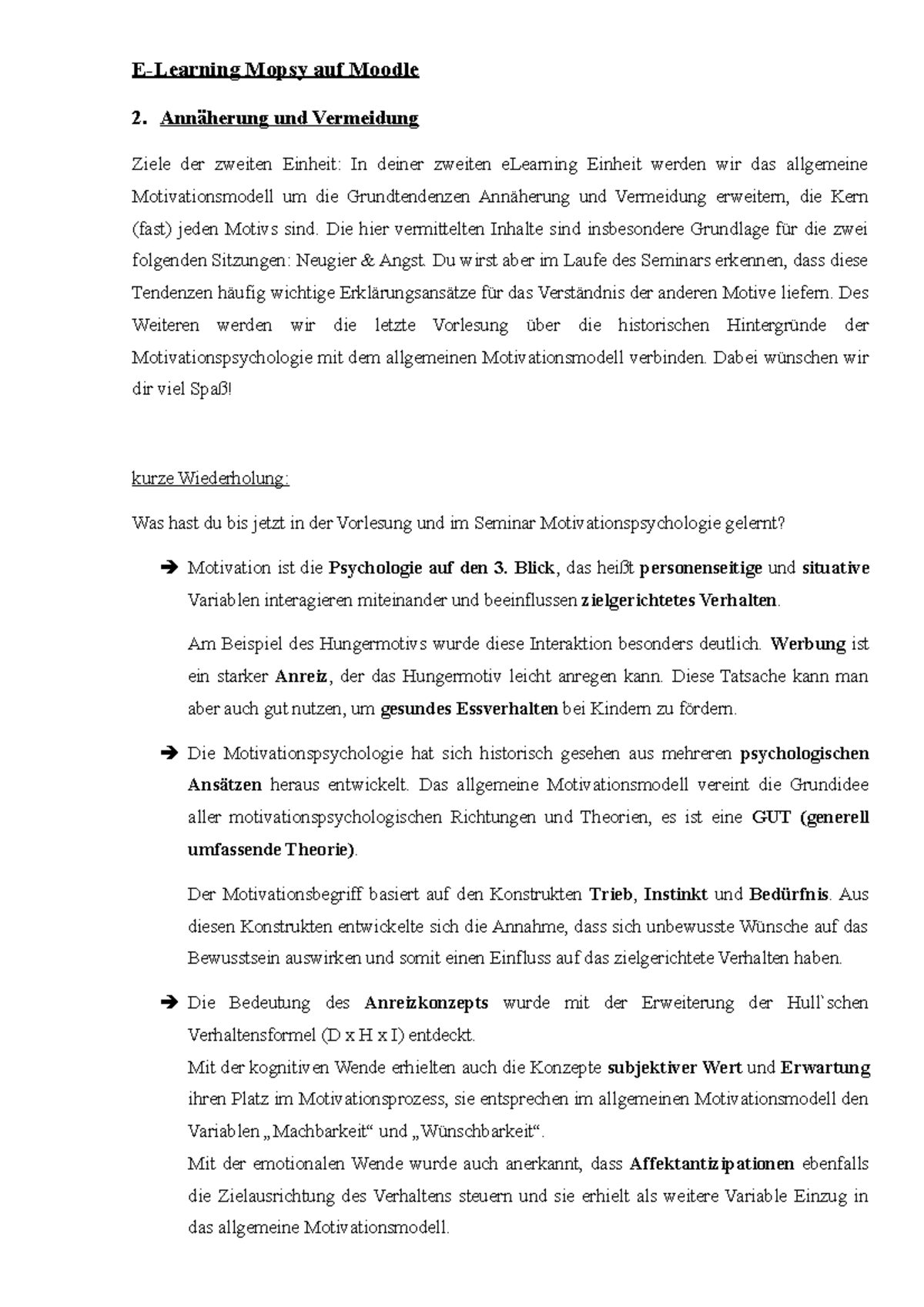 2. ELearning Einheit Mopsy ELearning Mopsy auf Moodle 2. Annäherung und Vermeidung Ziele der