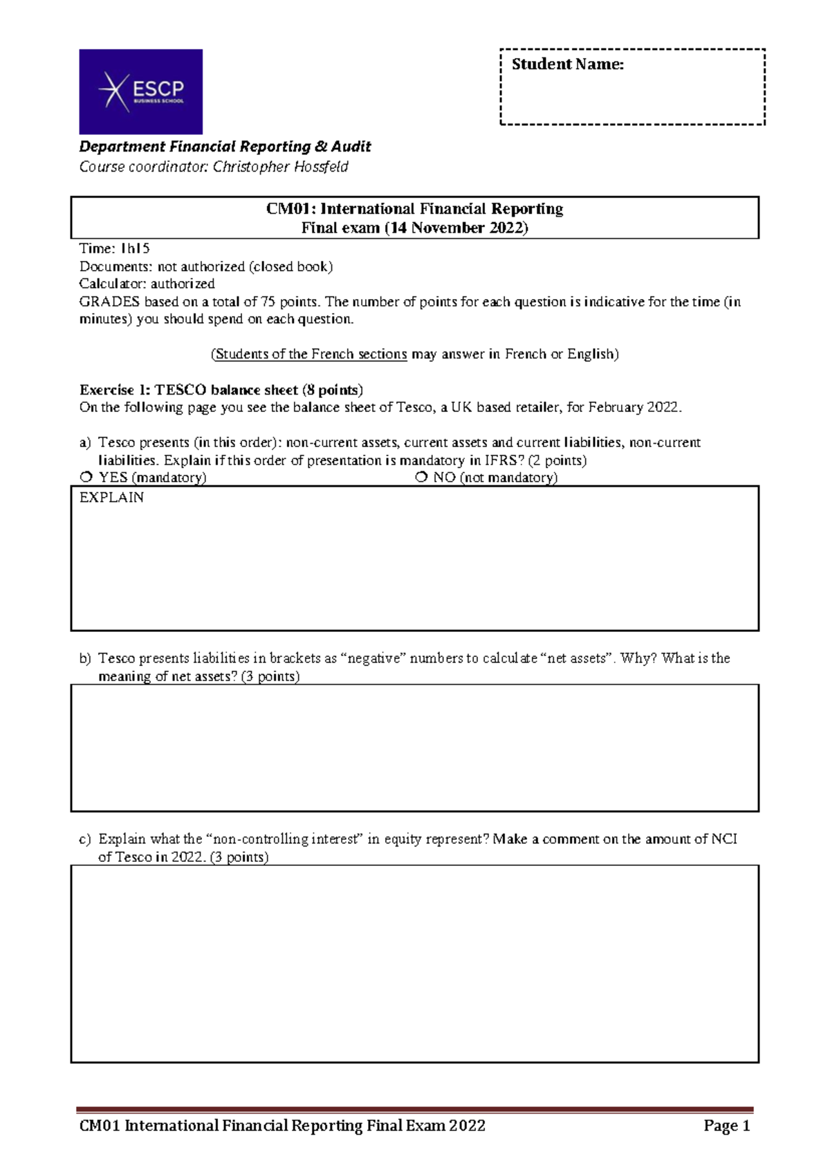 Exam CM01 Nov 2022 - Department Financial Reporting & Audit Course ...