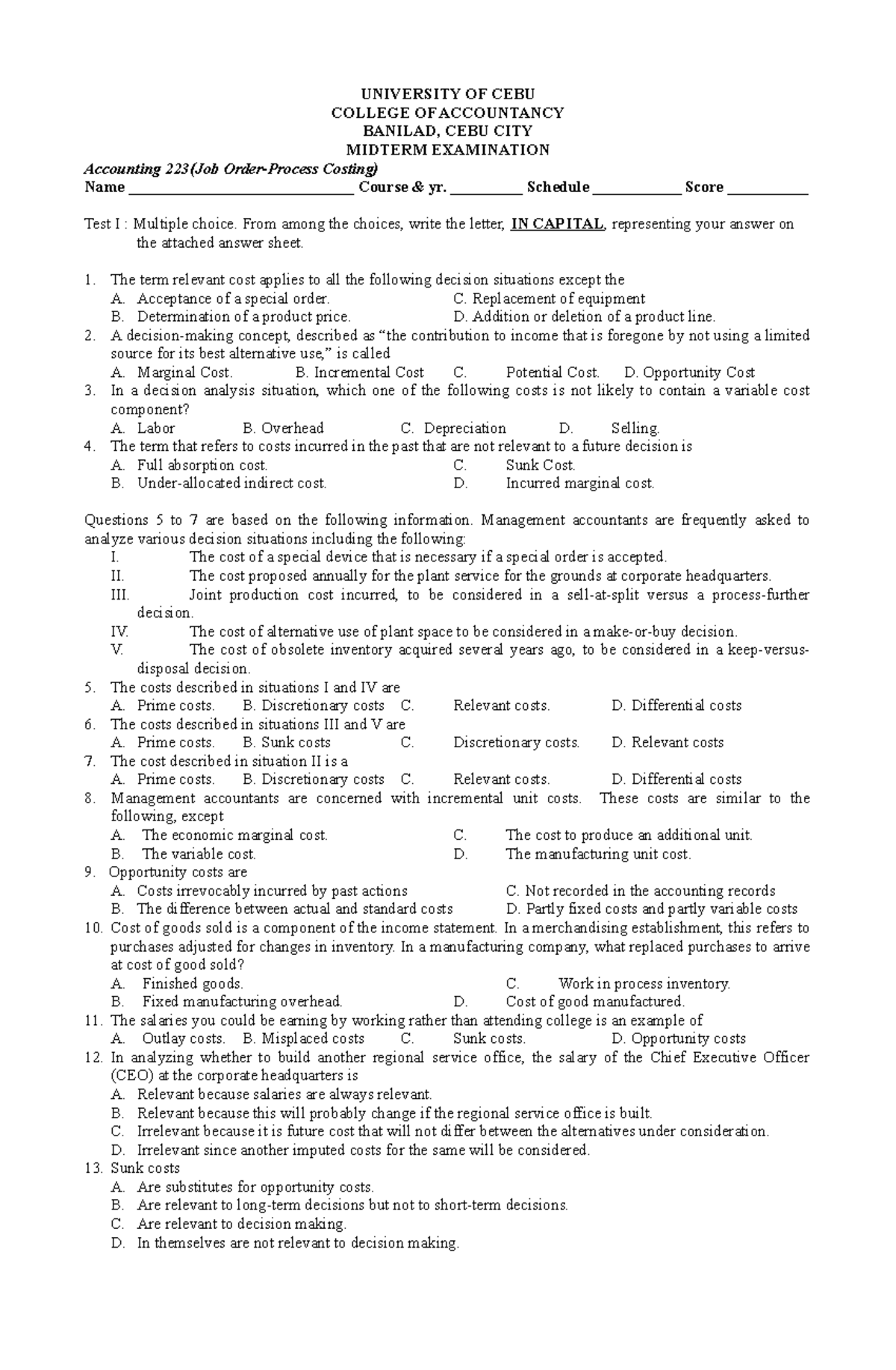 Midterm Exam Job Order To Process Costing - University Of Cebu College 