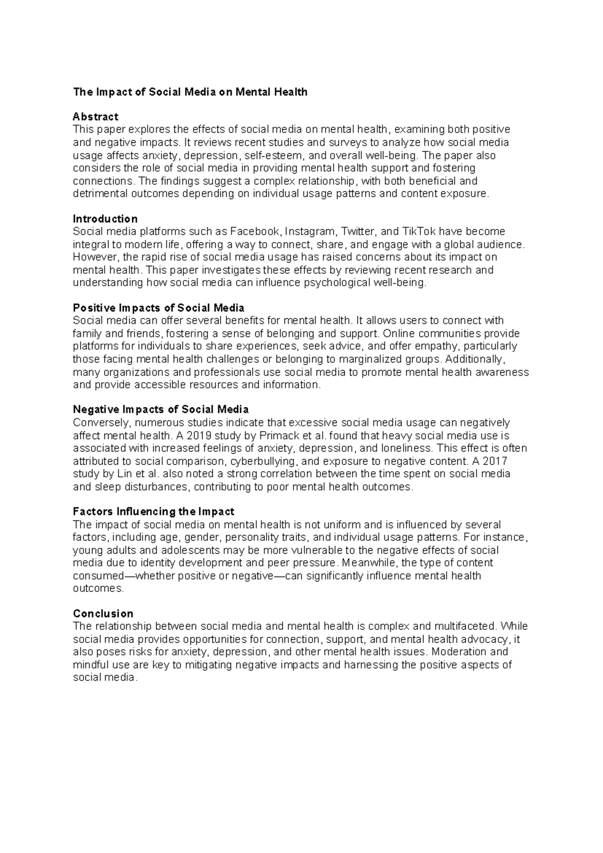 Research paper 1 - The Impact of Social Media on Mental Health Abstract ...