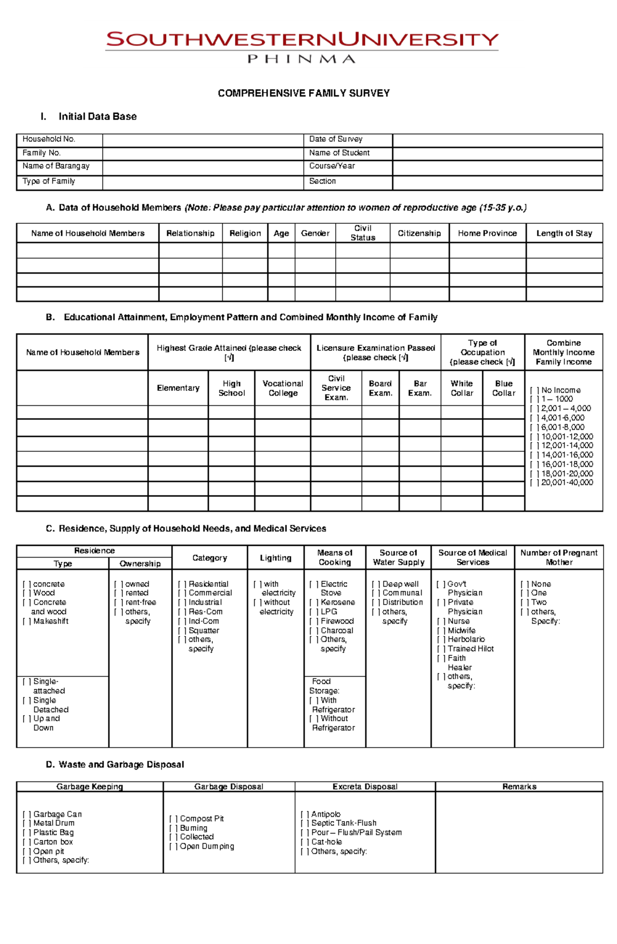 Family- Survey - NONE - COMPREHENSIVE FAMILY SURVEY I. Initial Data ...