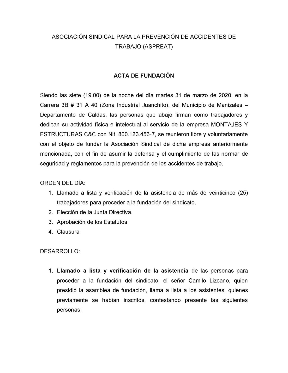 ACTA Constitución Sindicato - ASOCIACIÓN SINDICAL PARA LA PREVENCIÓN DE  ACCIDENTES DE TRABAJO - Studocu