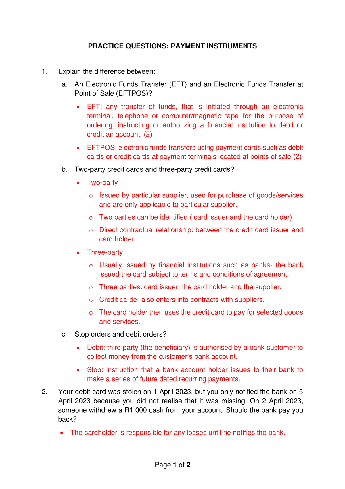 Practice Questions Payments - With Answers - Page 1 Of 2 PRACTICE ...