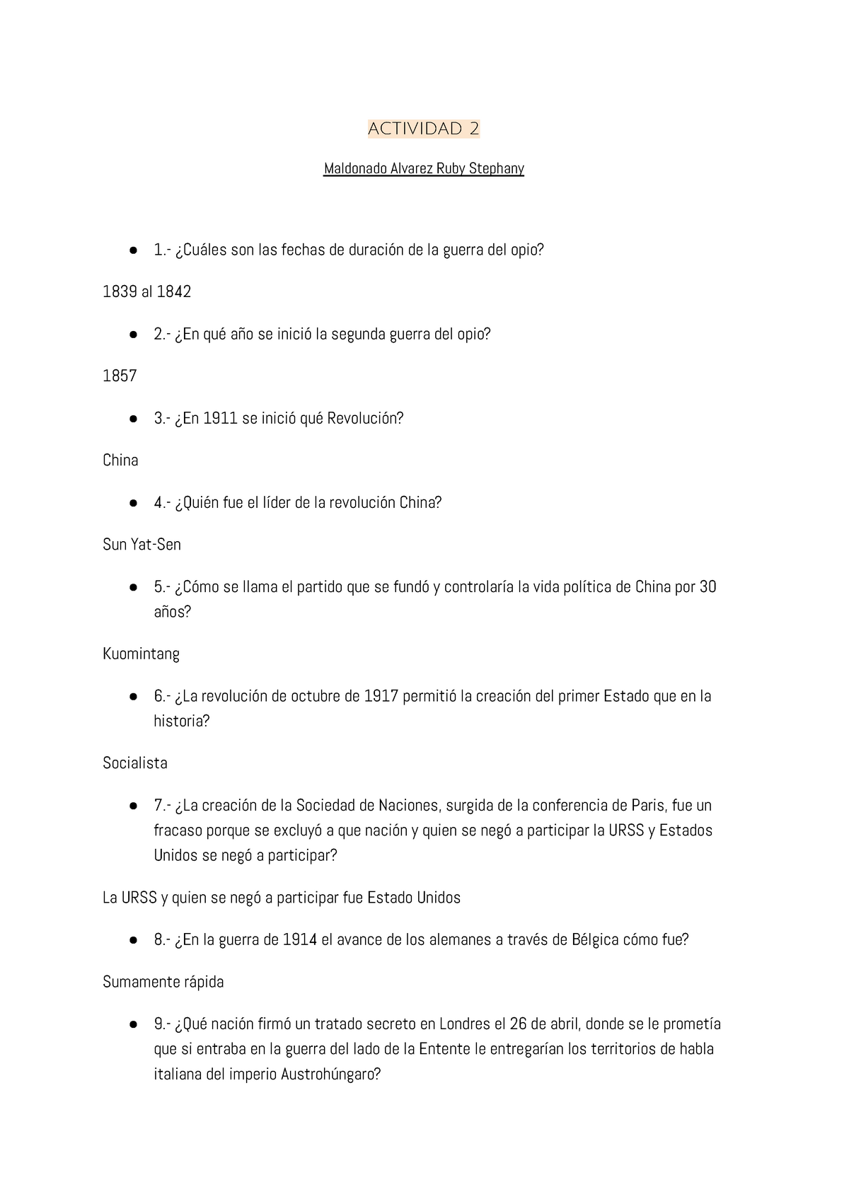 Actividades De Historia Universal, Cuestionarios Respondidos ...