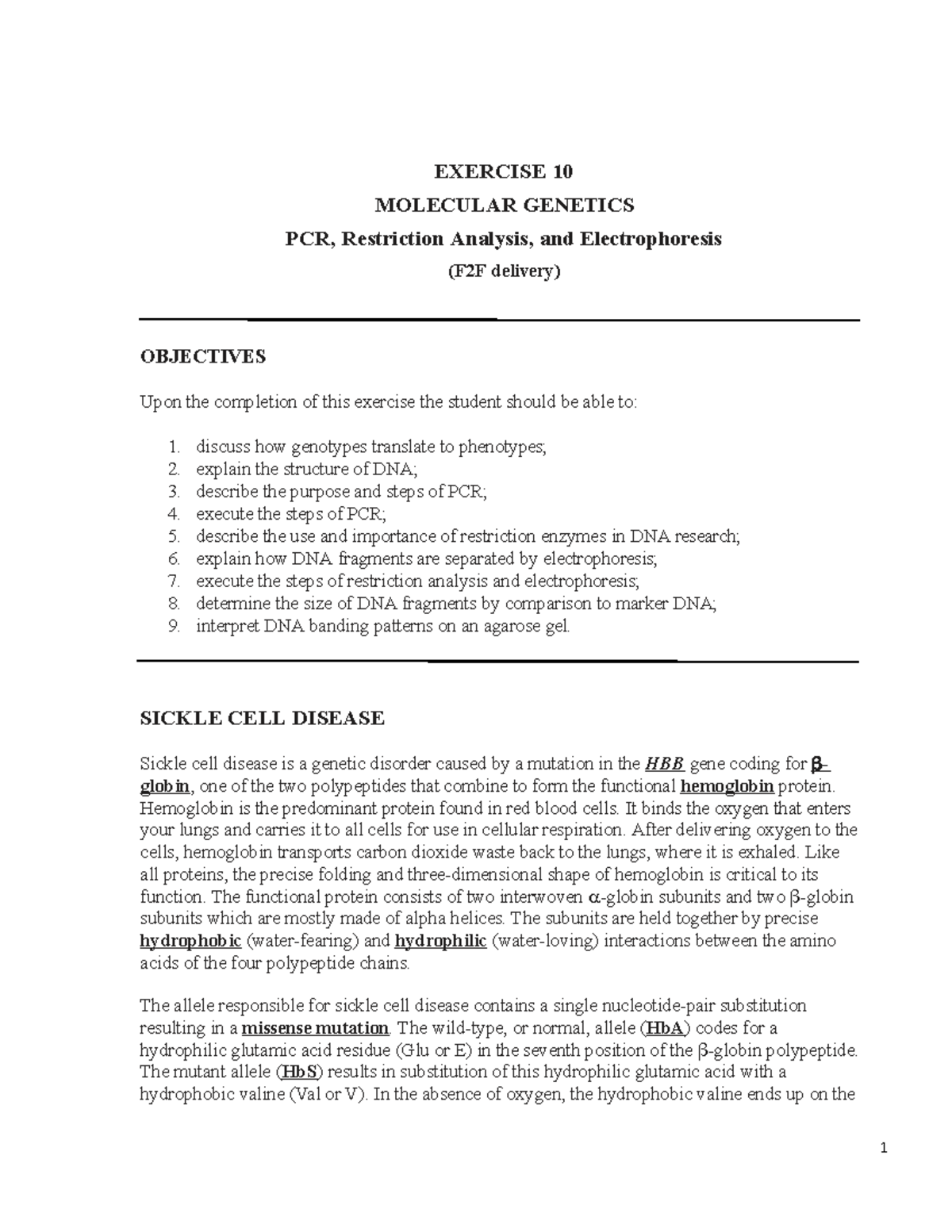 PCR Lab Updated F2F Sp22 v3 EXERCISE 10 MOLECULAR PCR