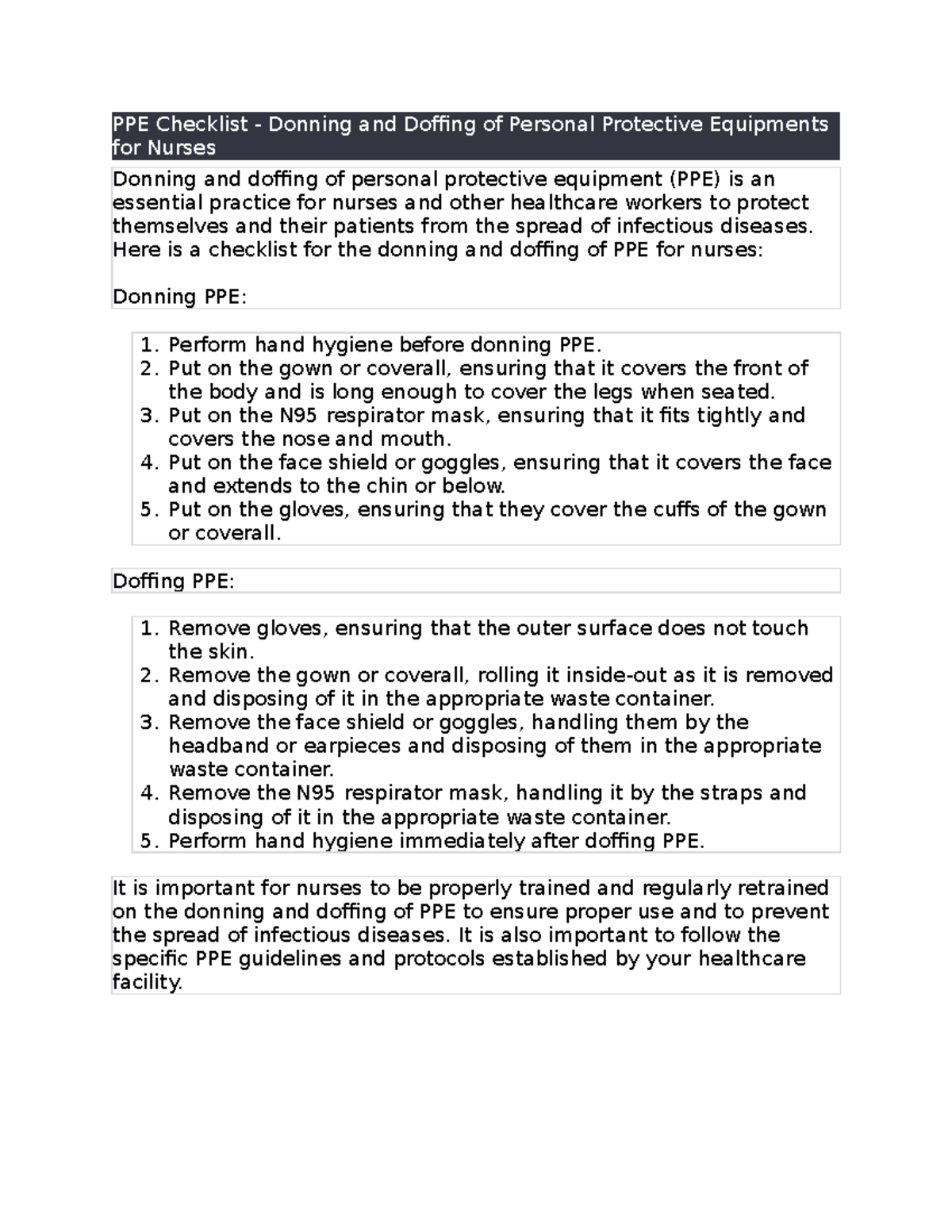 PPE Checklist Donning and Doffing of Personal Protective Equipments