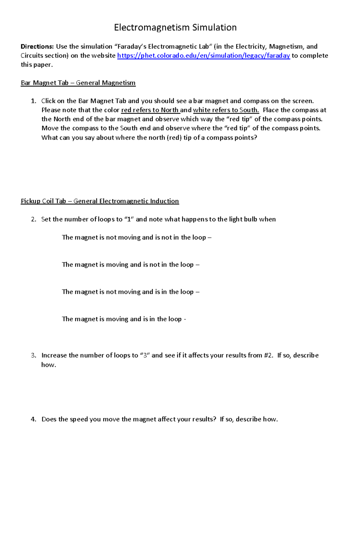 Emagsimphet - lab - Electromagnetism Simulation Directions: Use the ...