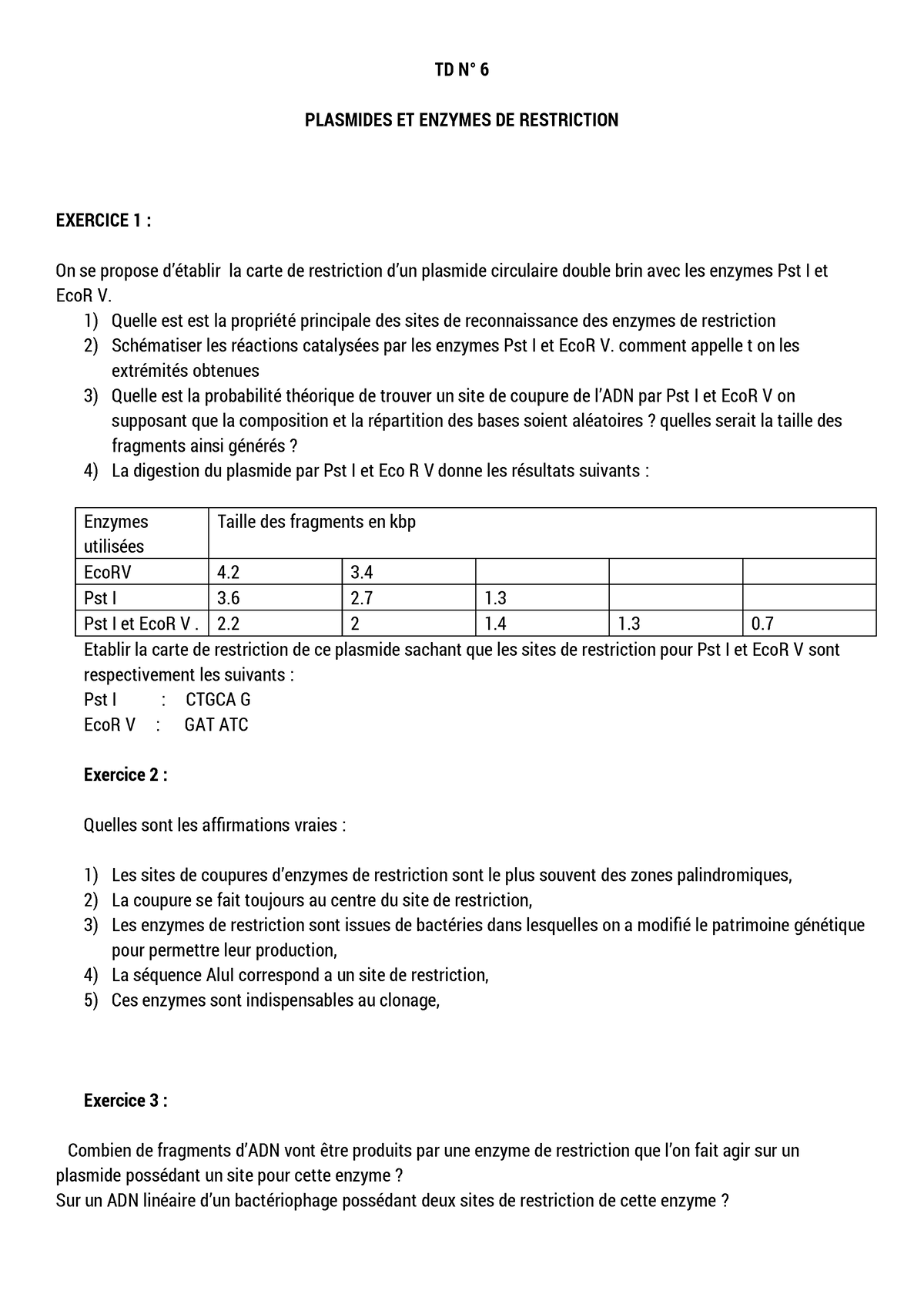 Biologie - Exercice - TD N° 6 PLASMIDES ET ENZYMES DE RESTRICTION ...