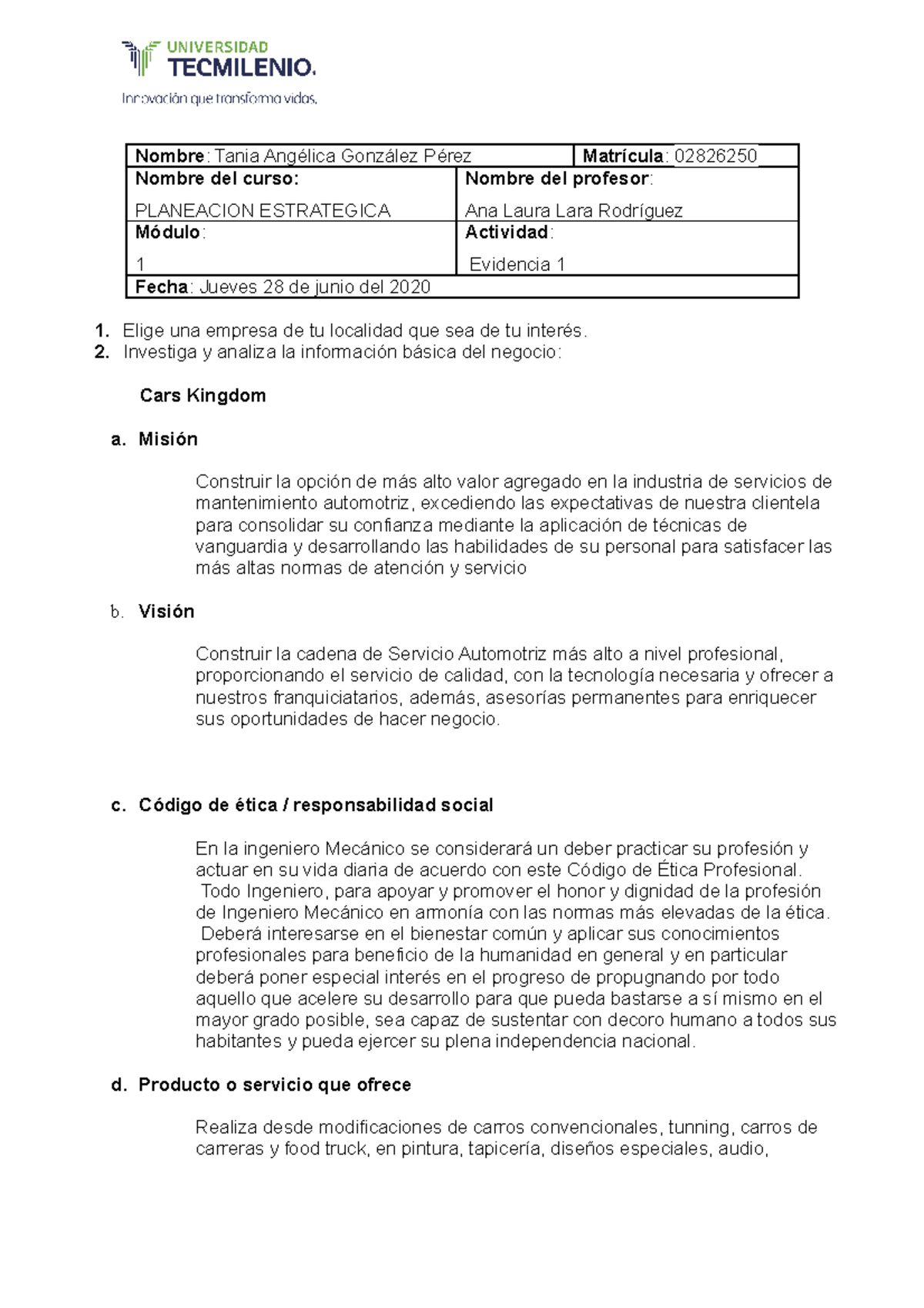 Evidencia 1 Planeacion Estrategica - Nombre : Tania Angélica González ...