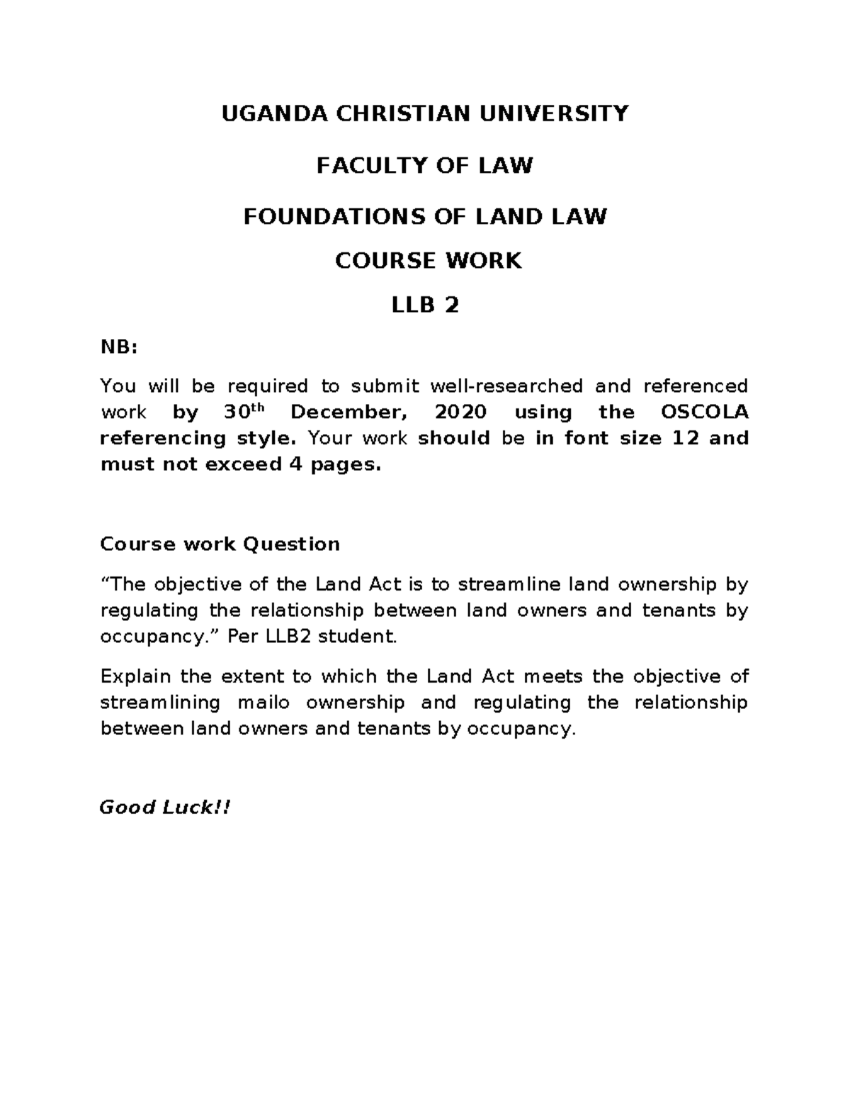 Course WORK Foundatios OF LAND LAW UGANDA CHRISTIAN UNIVERSITY