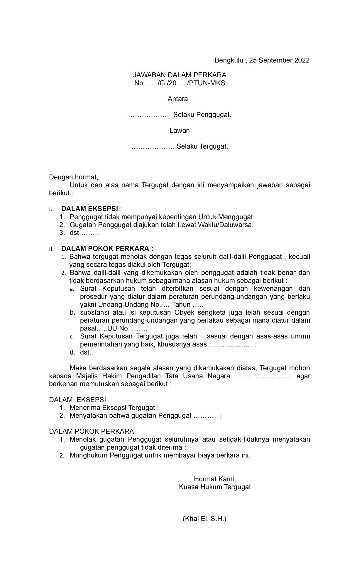 Contoh Surat Jawaban Tergugat - Bengkulu , 25 September 2022 JAWABAN ...