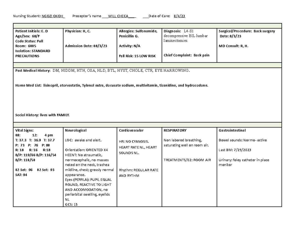 WEEK 4 Daily Patient Report Sheet MEEP(68y).okoh - Nursing Student ...