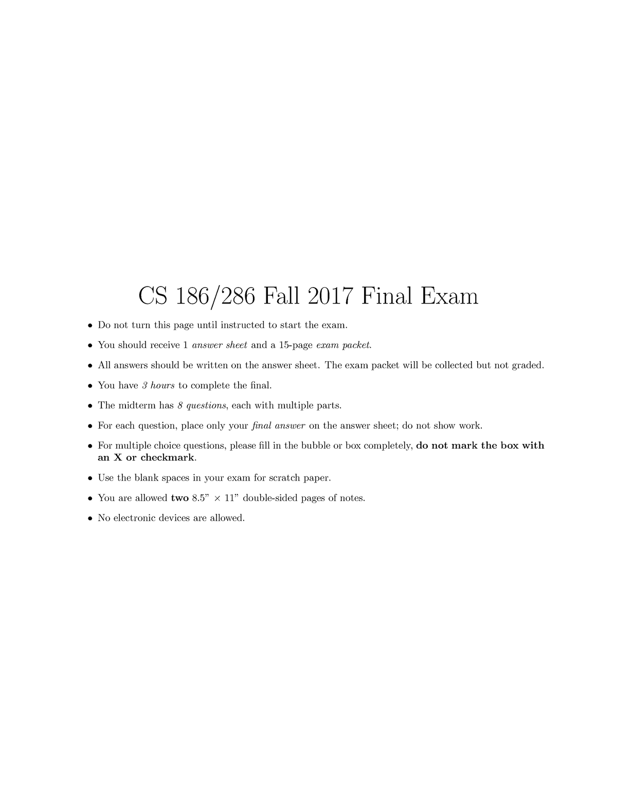 Cs186 fa17 final practice CS 186/286 Fall 2017 Final Exam Do not