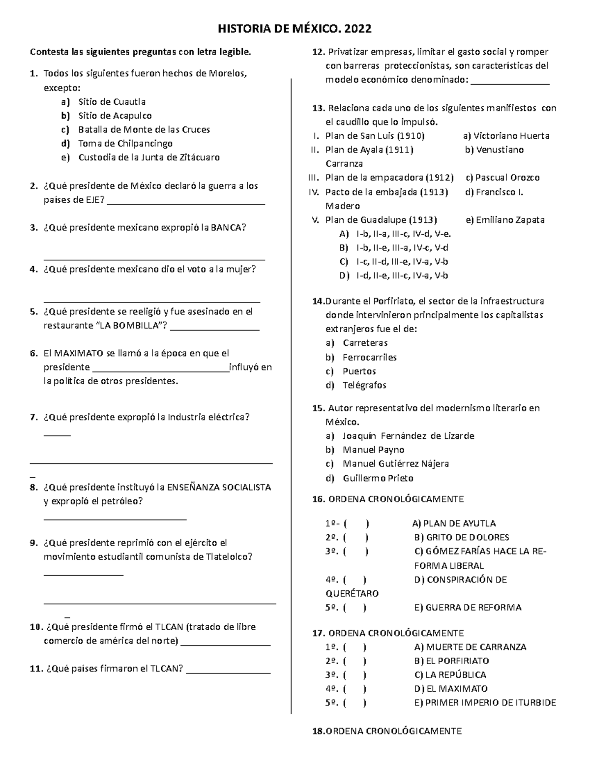 1 de junio Historia DE MÉXICO - HISTORIA DE MÉXICO. 2022 Contesta las siguientes preguntas con ...