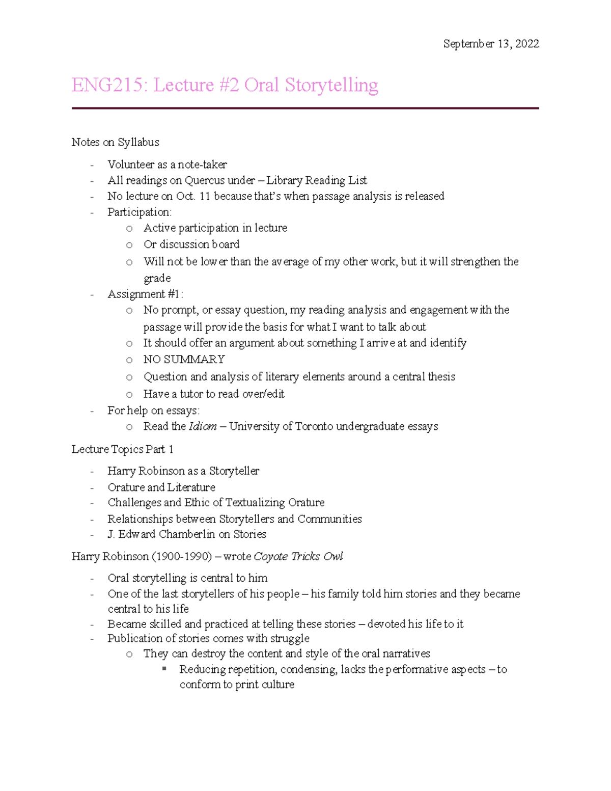 Lecture 2 - week 2 notes - September 13, 2022 ENG215: Lecture #2 Oral ...