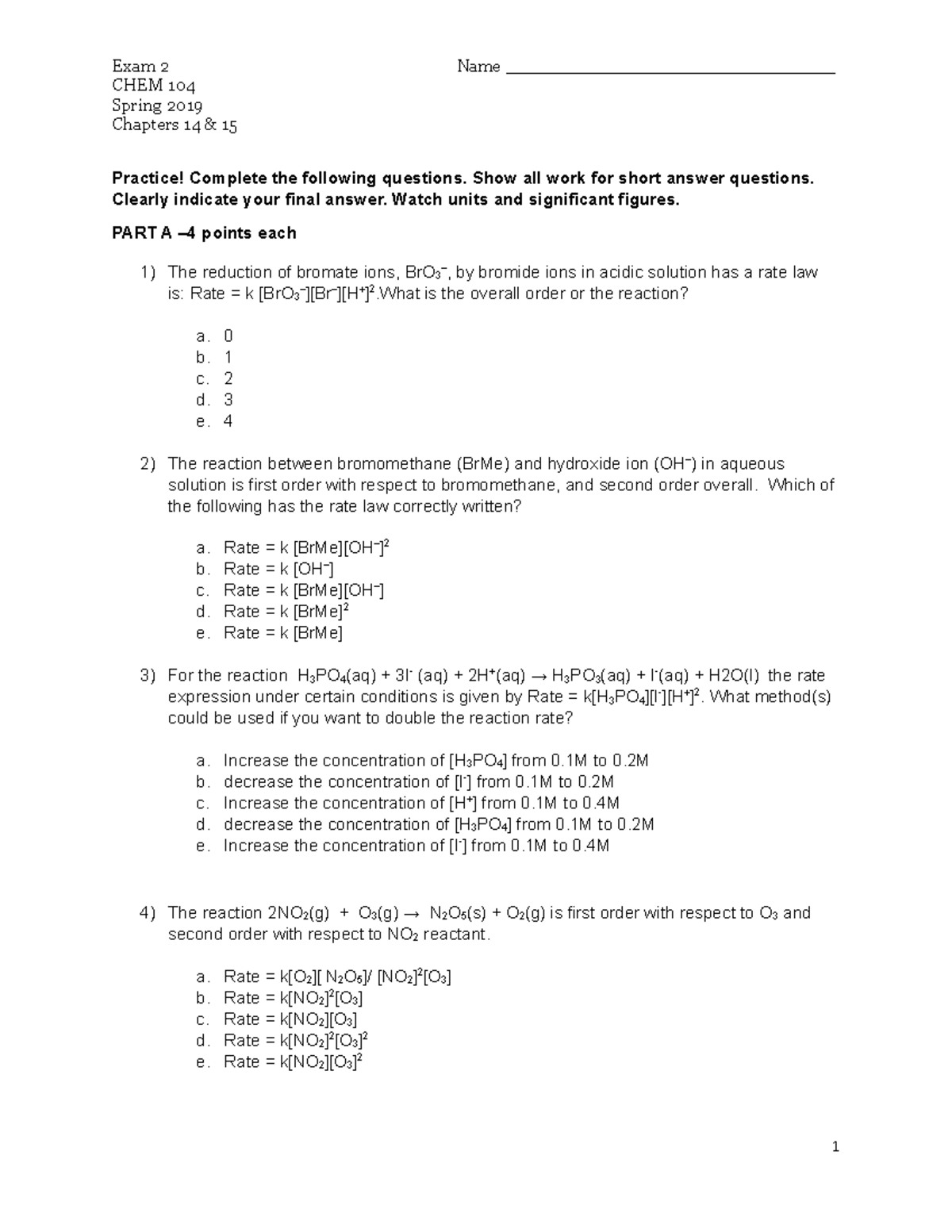 Practise Exam 2 Gem 1 - Practice Exam 2 Chemistry - Chem 104 Spring 