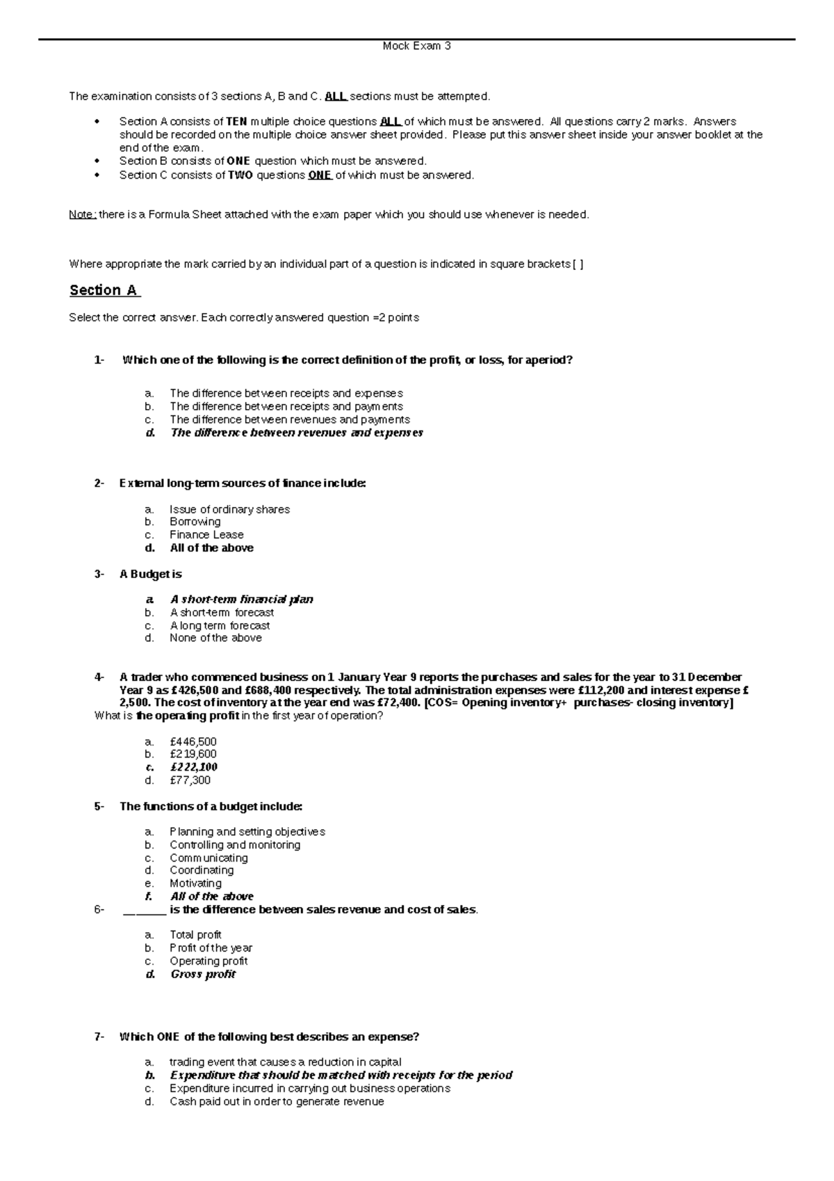 Mock Exam 3 Suggested Answers - Mock Exam 3 The Examination Consists Of ...