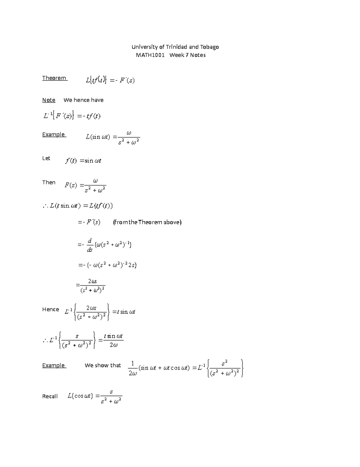 UTT MATH1001 Week 7 Notes - University of Trinidad and Tobago MATH1001 ...