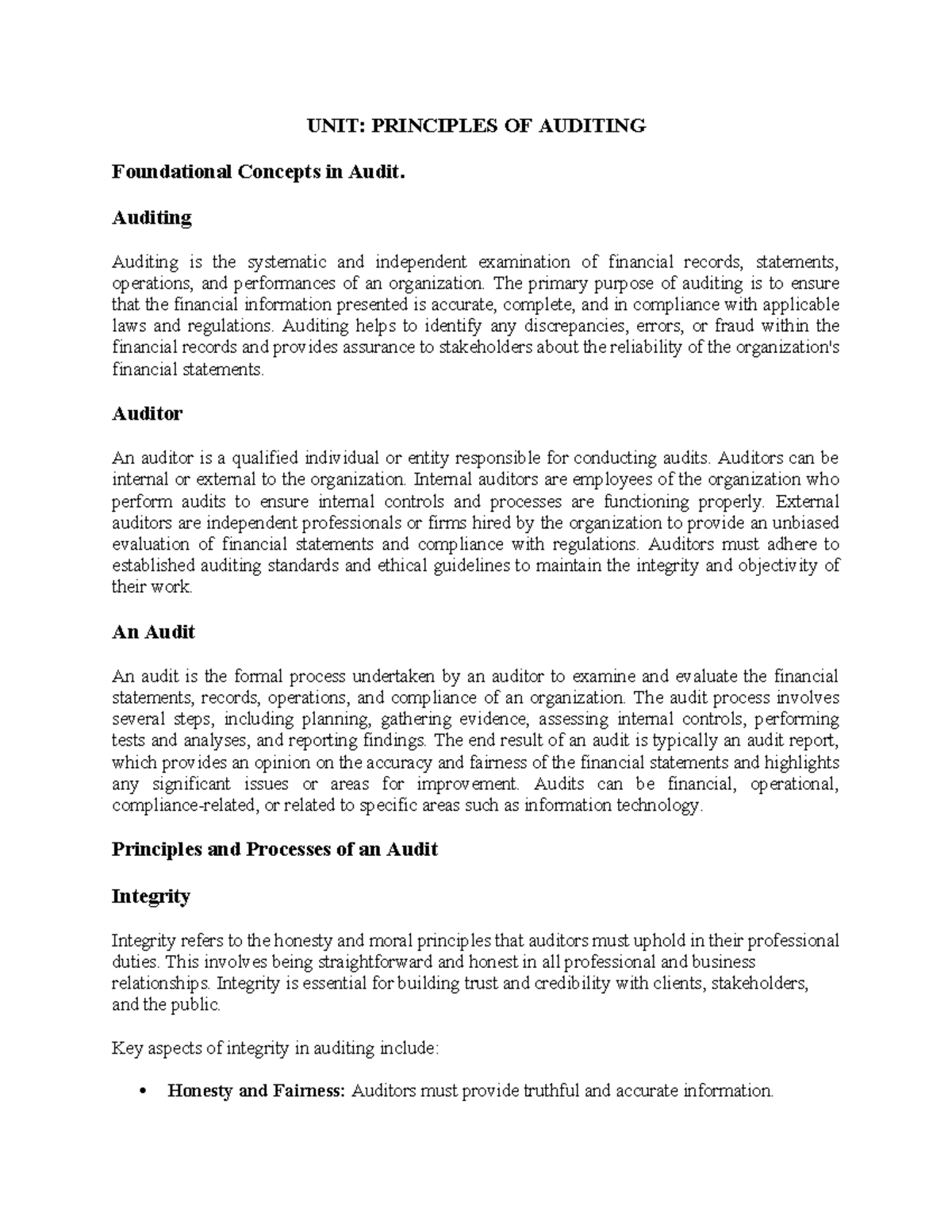 Auditing Notes - UNIT: PRINCIPLES OF AUDITING Foundational Concepts in ...
