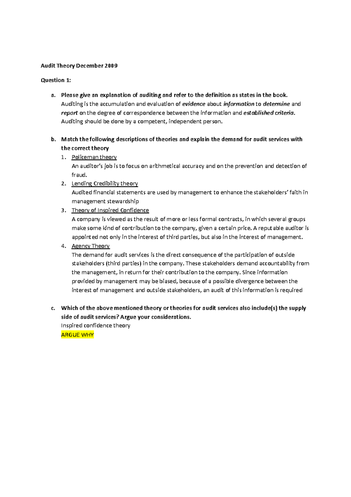 Exam 2009 Questions And Answers - Audit Theory December 2009 Question 1 ...