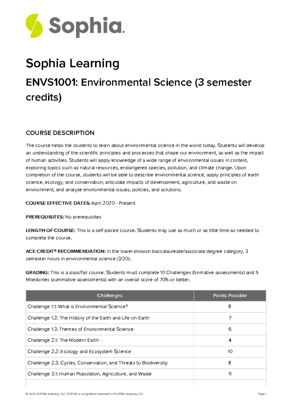 Sophia Environmental Science Syllabus - Sophia Learning ENVS1001 ...