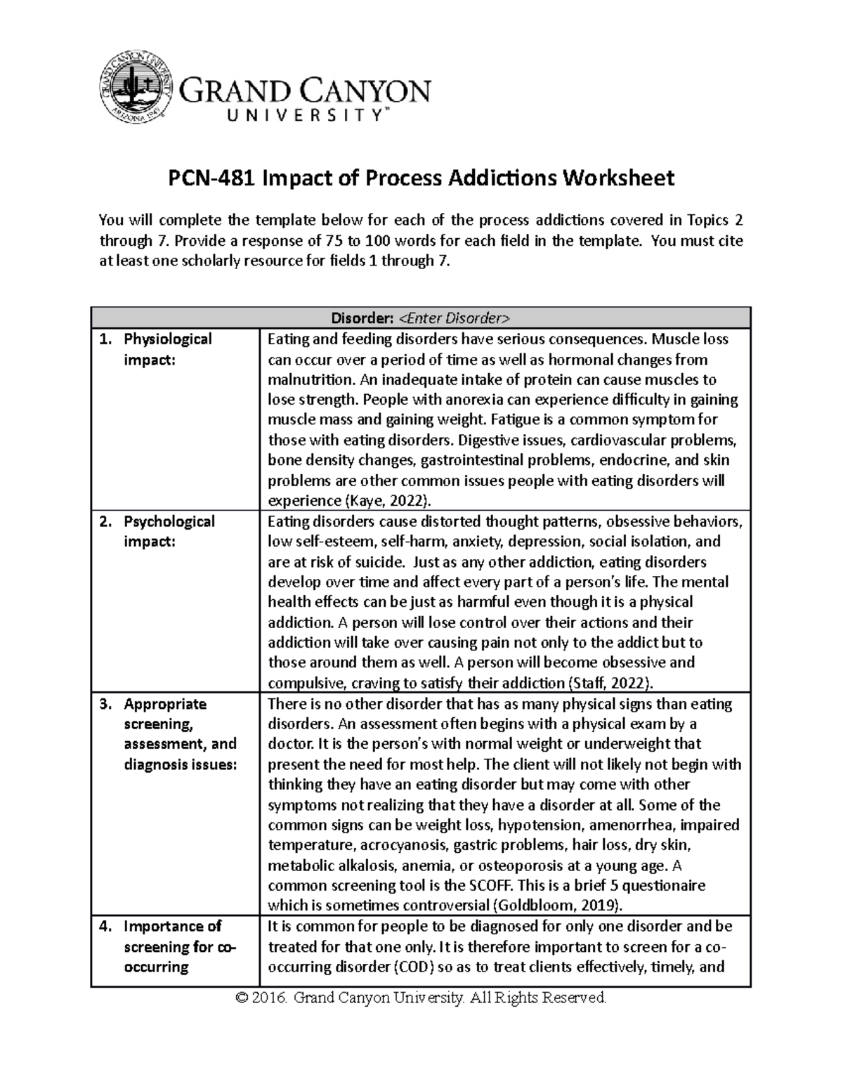 Eating disorder homework - PCN-481 Impact of Process Addictions ...