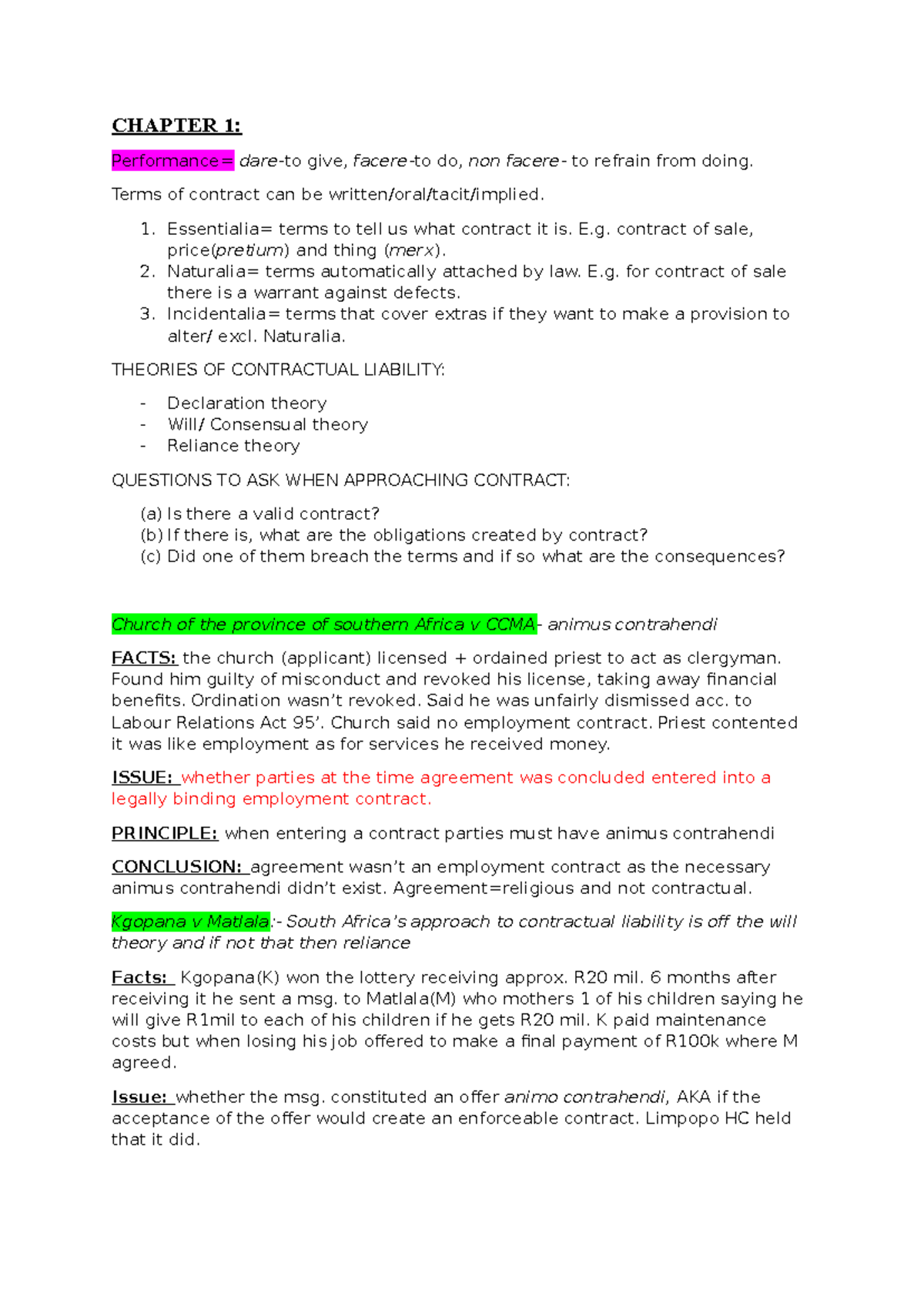 Summaries FOR TEST 1 - Summary Student’s guide to the law of contract ...