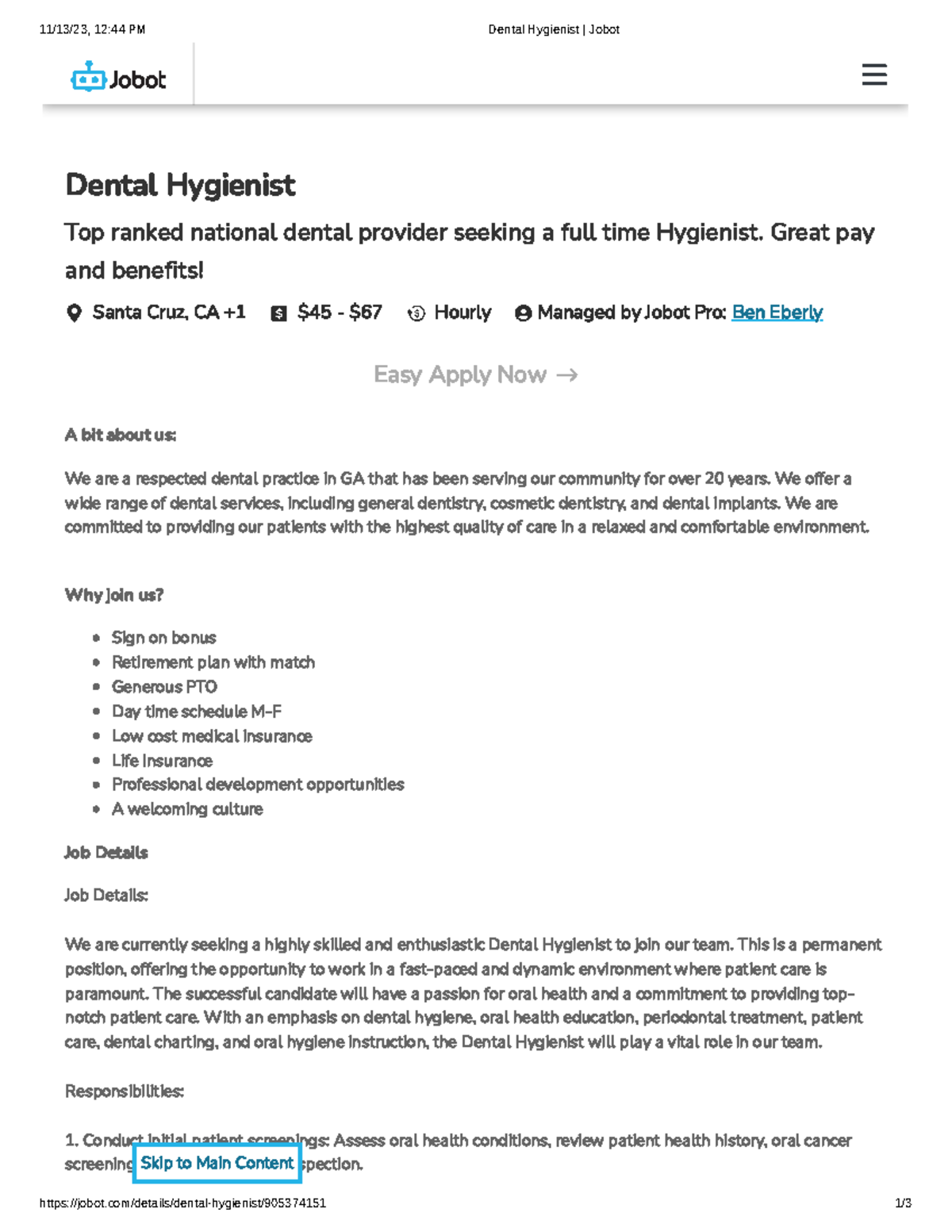 Dental Hygienist Jobot 11/13/23, 1244 PM Dental Hygienist Jobot