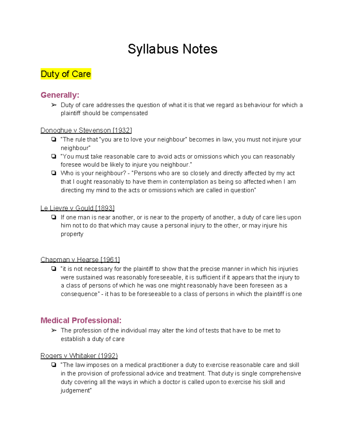 Torts Final Exam Notes - Syllabus Notes Duty of Care Generally: Duty of ...