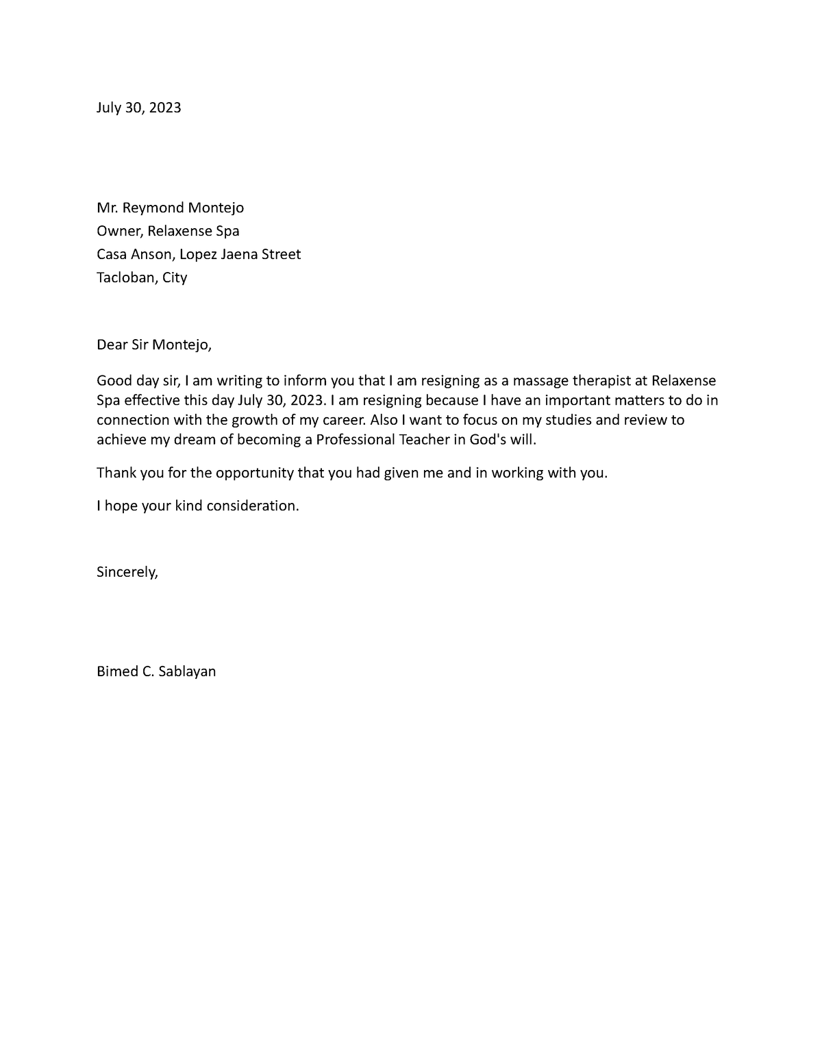 Resignation Letter - for additional information - July 30, 2023 Mr ...