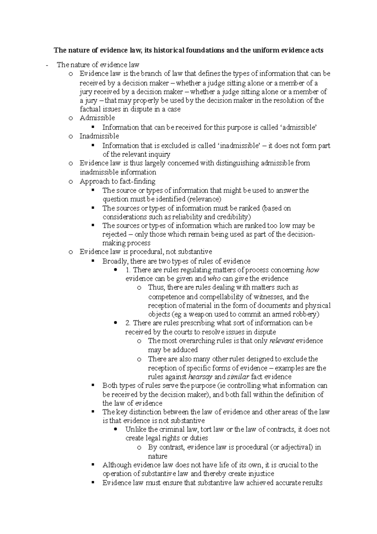 Topic Summaries All Summary Uniform Evidence Law The nature of