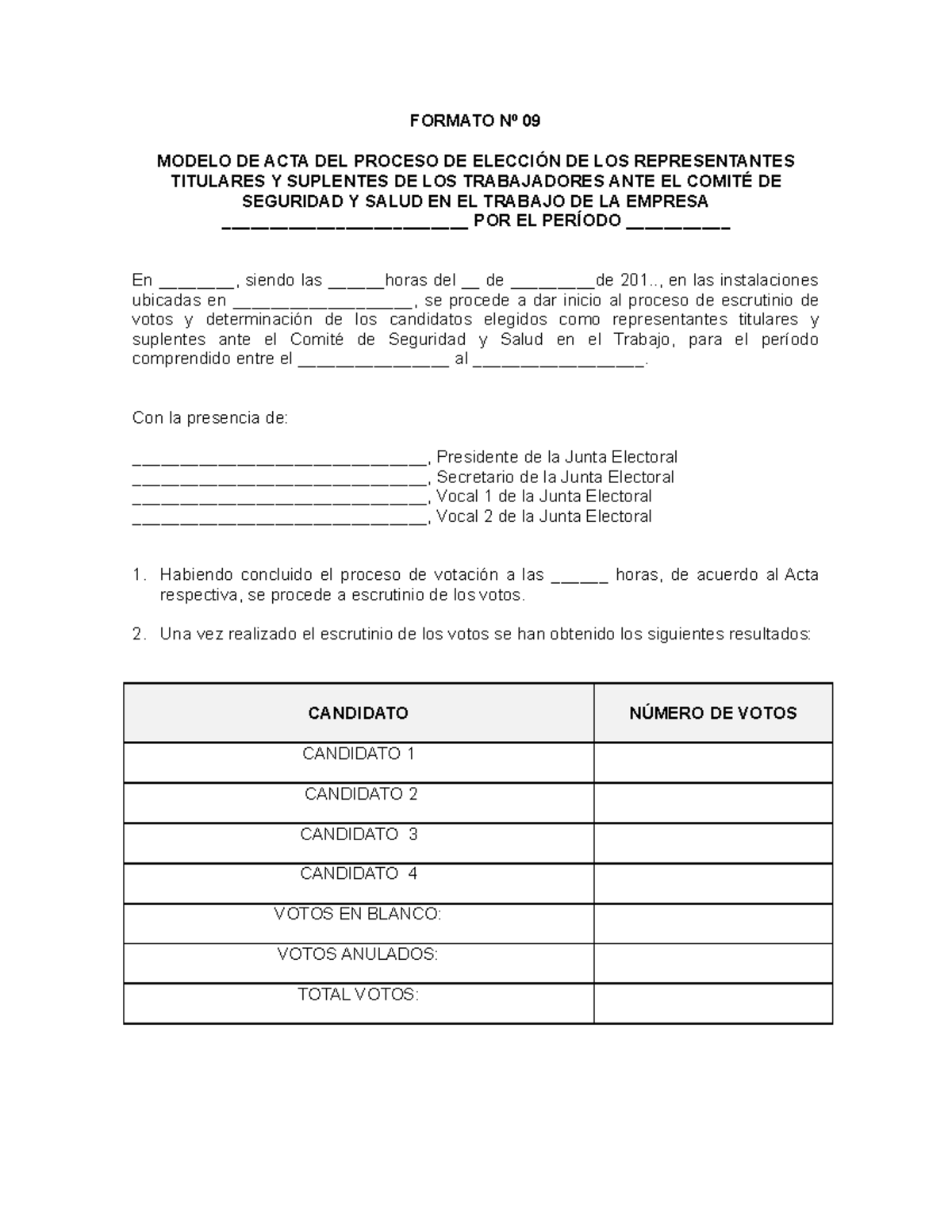 Acta proceso eleccion 9 - FORMATO Nº 09 MODELO DE ACTA DEL PROCESO DE ...