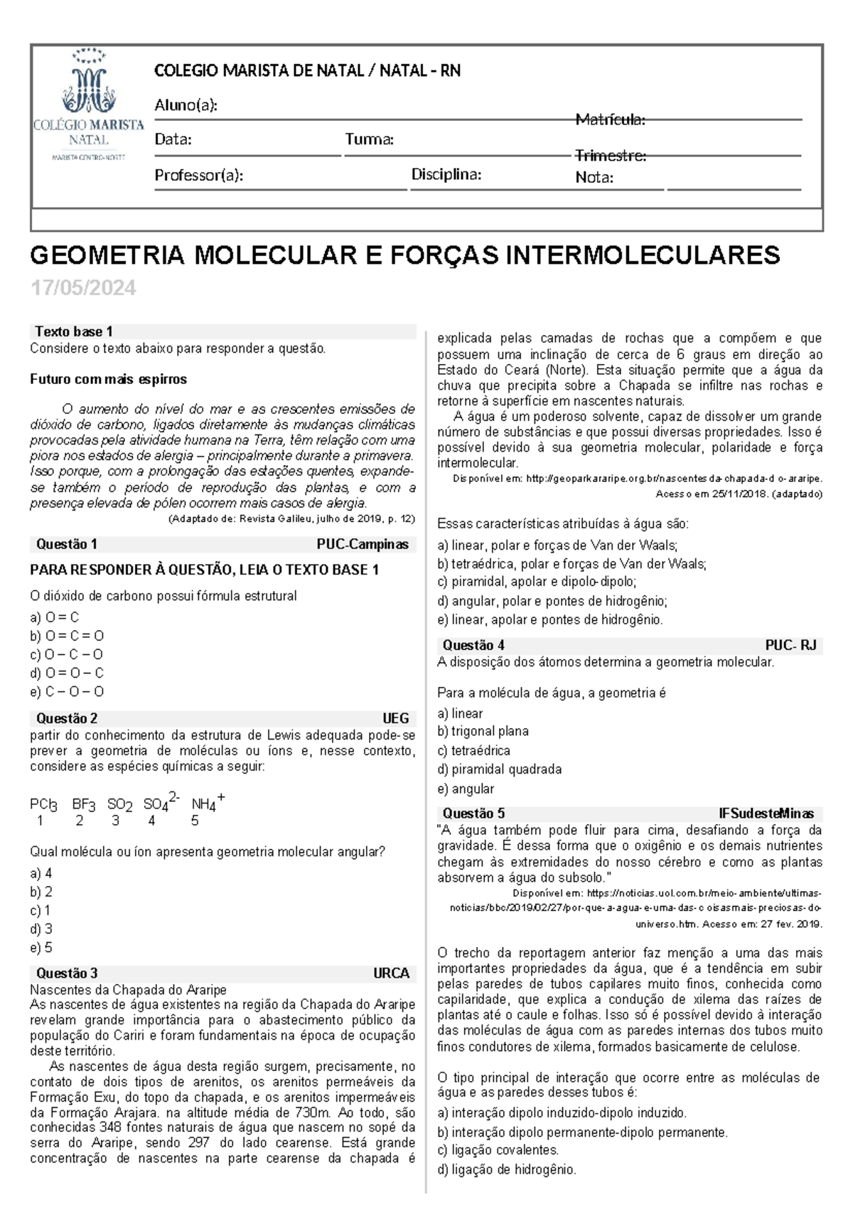 ExercíCIOS Sobre Geometria Molecular - GEOMETRIA MOLECULAR E FORÇAS ...